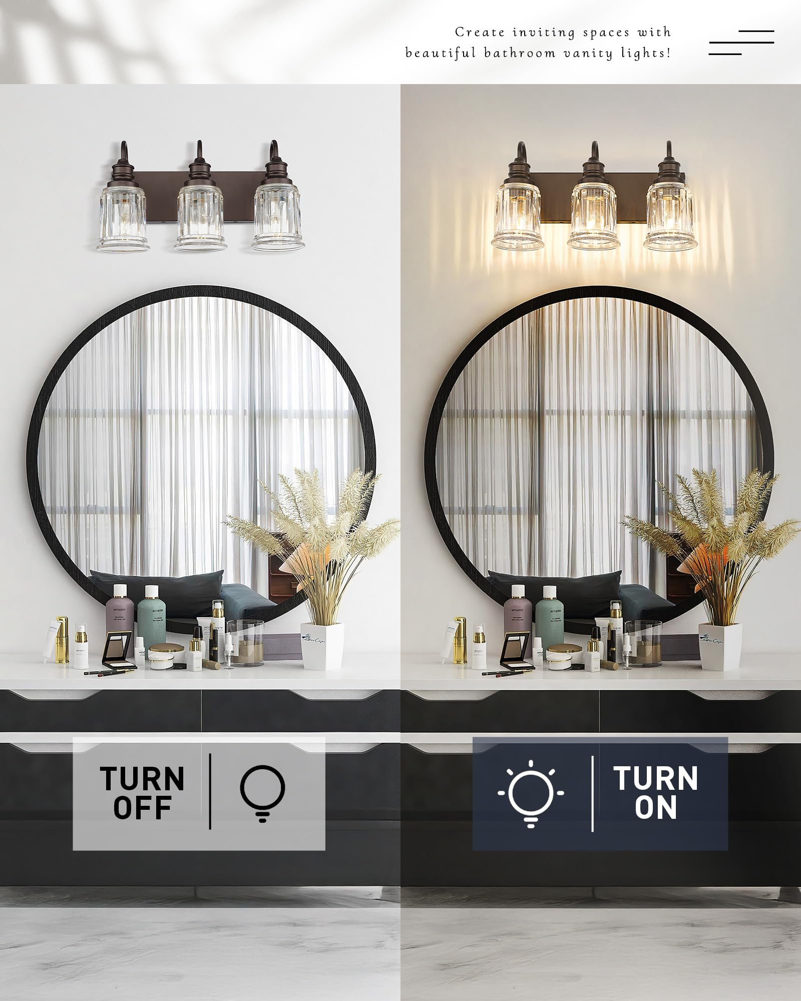 3 Light Bathroom Vanity Light - Hwh Bathroom Lights Over Mirror Farmhouse Vanity Sconce Wall Lighting With Bell-Shaped Clear Glass  Oil-Rubbed Bronze Finish  5Hzg106B-3W Orb