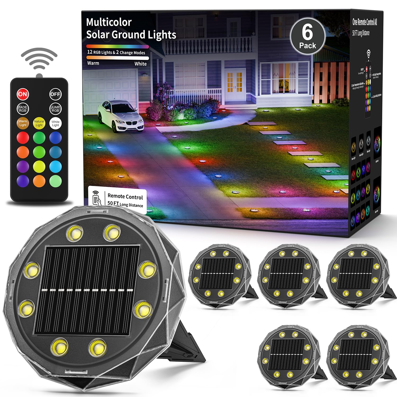 Hicotet Solar Ground Lights, 15 Multi Color RGBYW, IP67 Waterproof, 6 Pack, Black, Model LNM-CPD-01