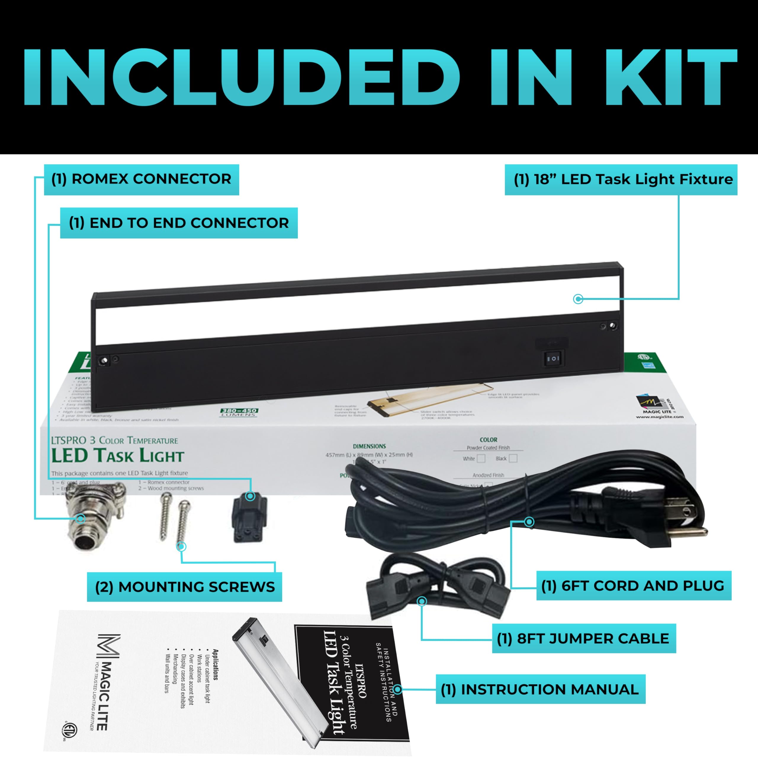 Led Under Cabinet Lighting Hardwired - Linkable Undercabinet Lights For Kitchen - 3Cct 18 Inch Black Finish - Undercounter Dimmable Plug In Light Or Hard Wired - Under Counter Fixture Direct Wire