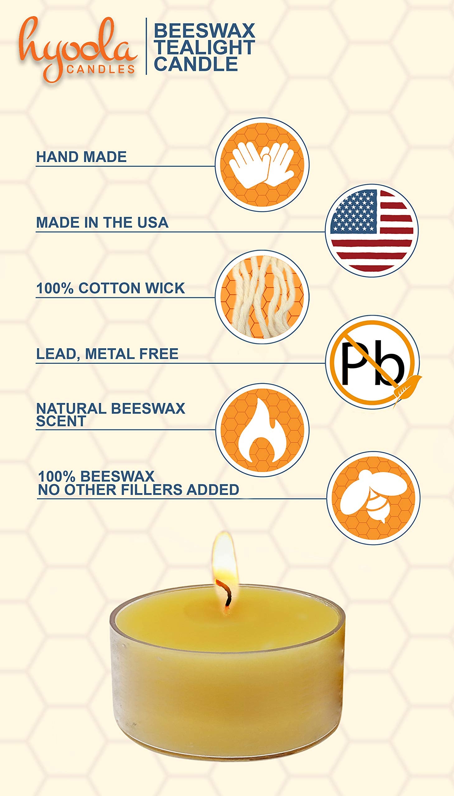 Hyoola Pure Beeswax Tea Lights, Handmade Decorative Unscented, Tealight Candles, 4 Hour Burn Time, Clear Cup (Pack Of 36)