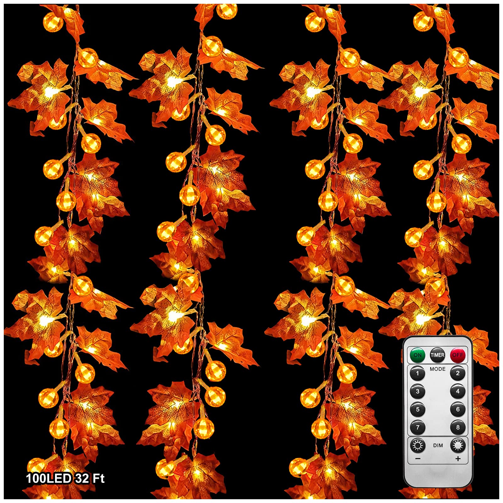 Hongtang Fall Decor Lighted Maple Leaf Garlands Thanksgiving Halloween Fall Decorations, Total 32Ft 100 LED USB Operated Waterproof Fall Garland Leafed String Lights for Home Indoor Outdoor Autum