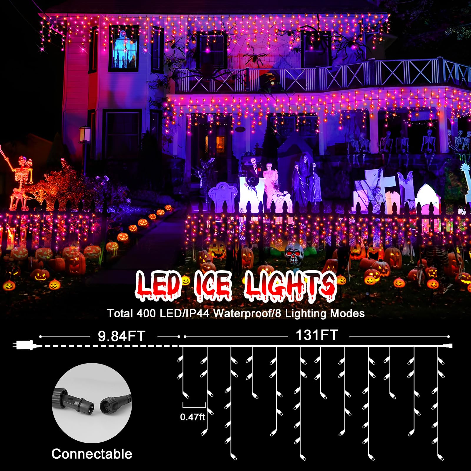 Hezbjiti 400Led Halloween String Lights - Purple & Orange Icicle Lights, 32.8Ft, 8 Modes, Outdoor Decoration For Yard & Garden