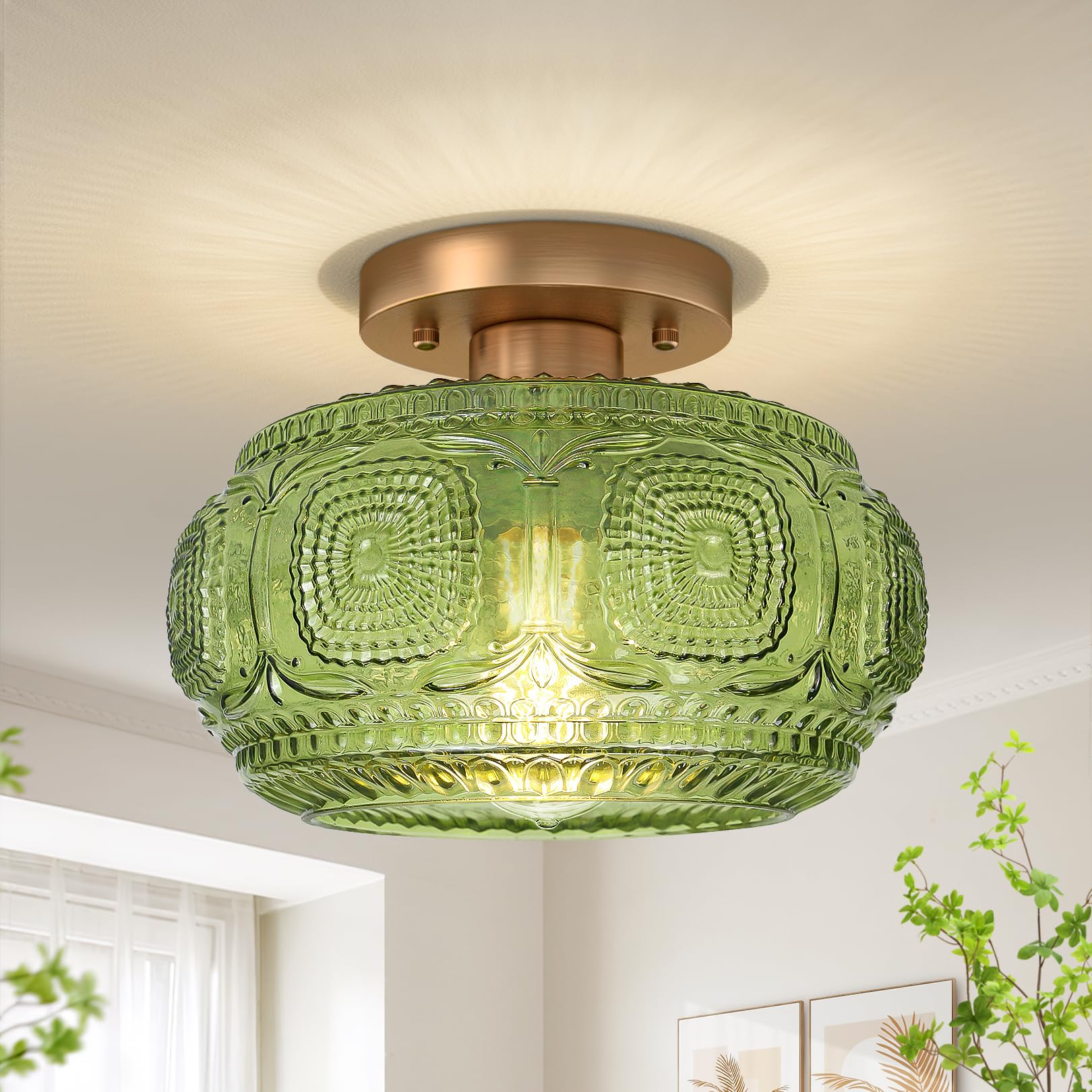 Oykyohei Semi Flush Mount Ceiling Light, Green Globe Glass Ceiling Light Fixture, Art Deco Kitchen Lighting Fixtures Ceiling For