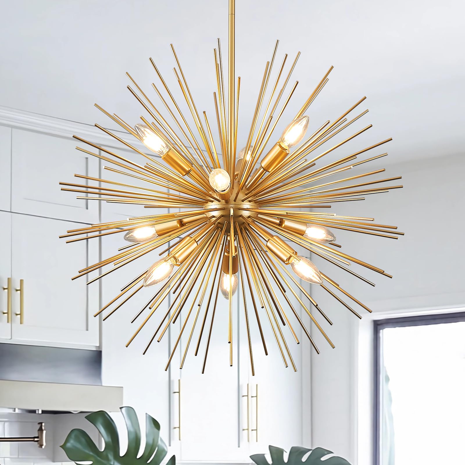 Fookchak 24In Gold Sputnik Chandelier 9-Light Starburst Chandelier Light Fixture Solid Metal Mid-Century Modern Satellite Light 