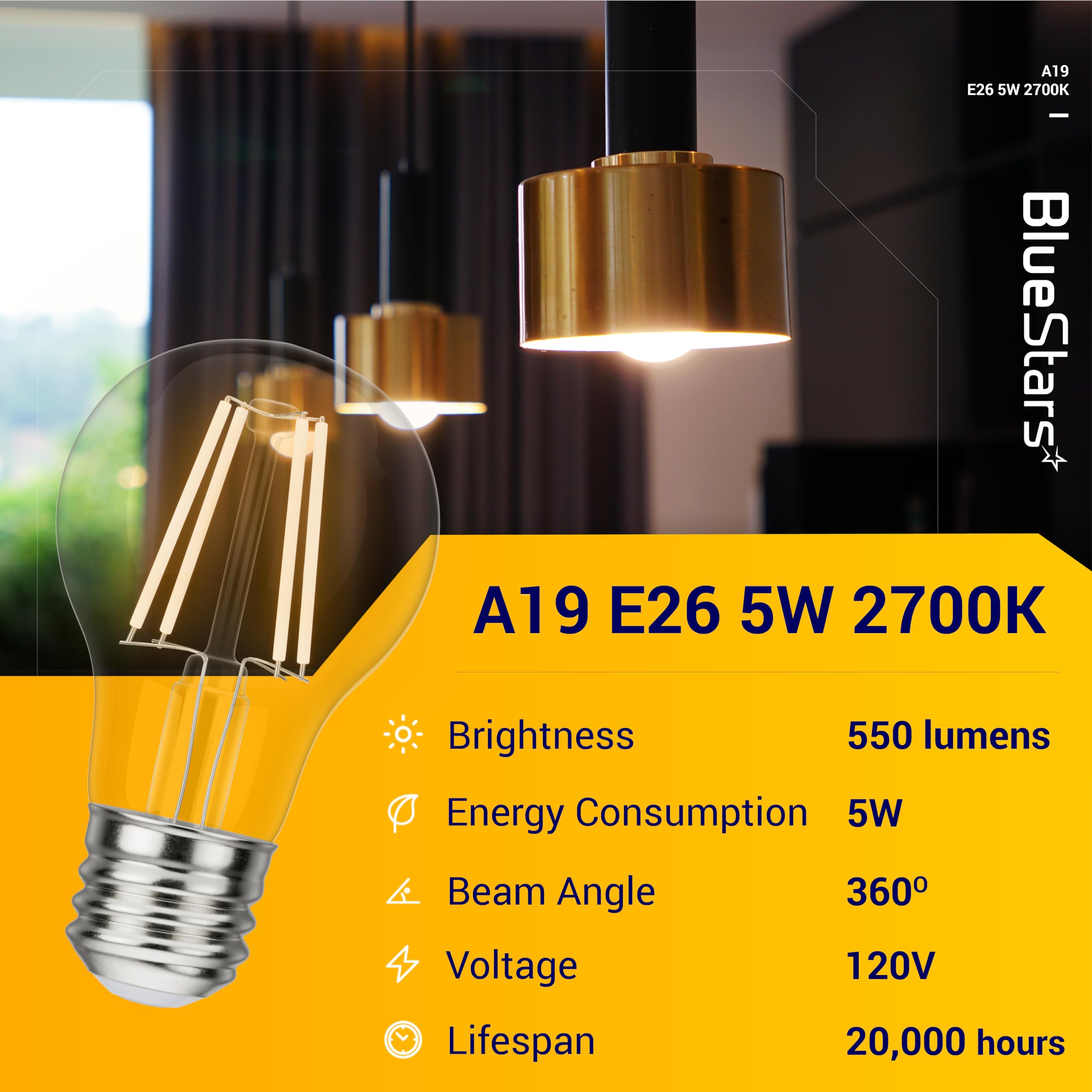 Bluestars A19 Led Vintage Led Filament Bulb E26 Standard Base 120V 5W (60 Watt Equivalent)  2700K Warm White  550Lm Non-Dimmable  Clear Glass For Home Indoor Outdoor Decoration - Pack Of 3