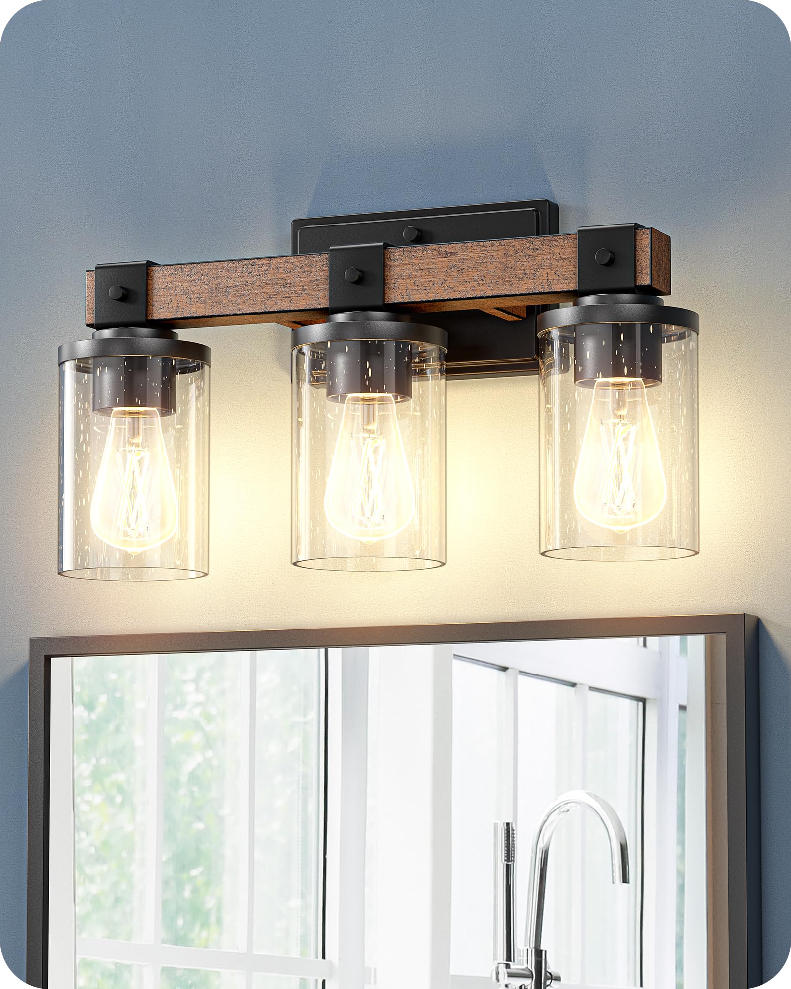 EDISHINE 3-Light Farmhouse Vanity Light Fixture, Dark Wood Bubble Glass Shade, Model HHVL02G