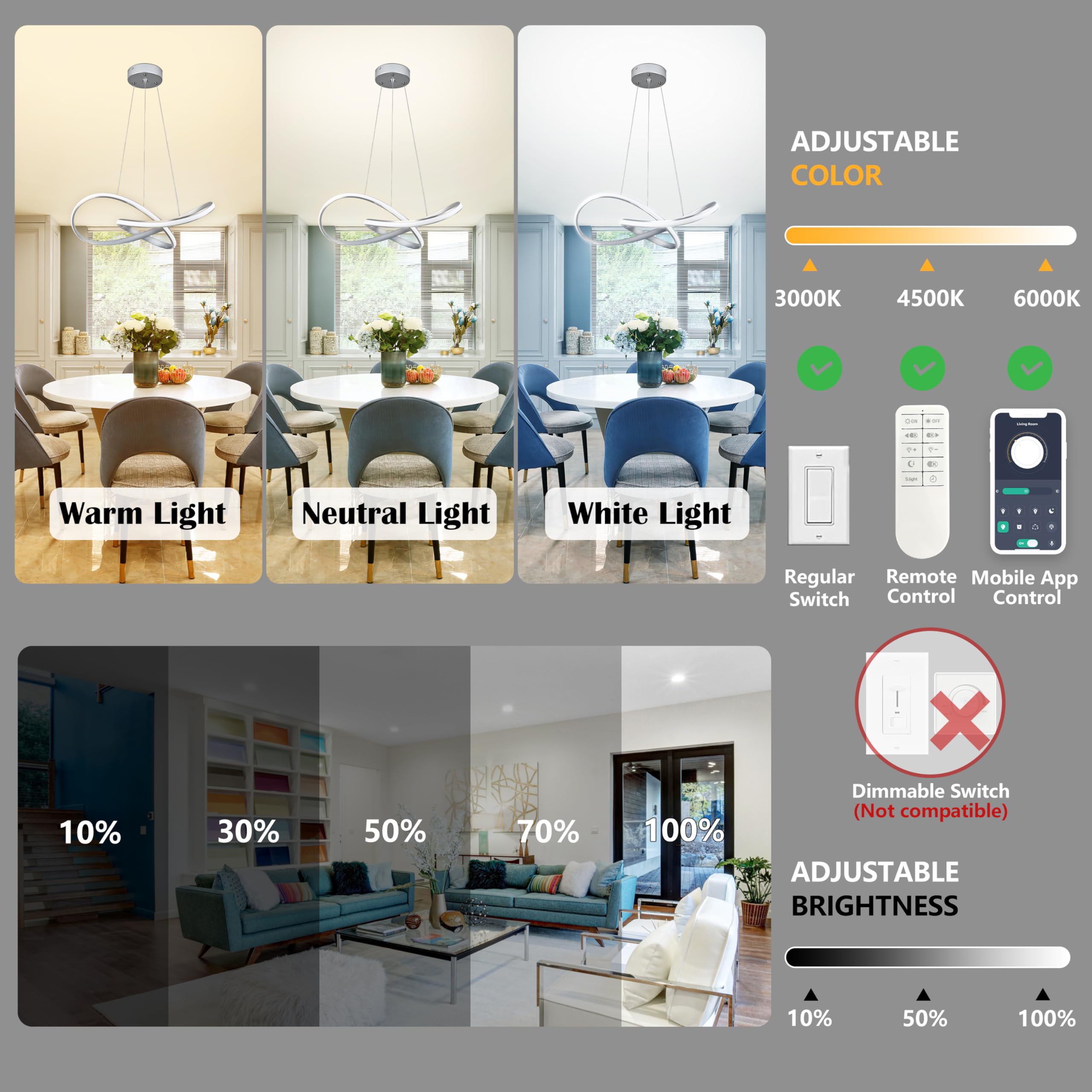 Mccokaige Modern LED Pendant Light Fixture, Nickel, Dimmable Remote Control, 19.6in, Model SYC-50-N