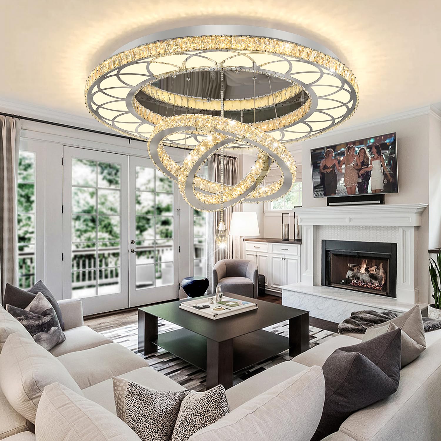 Flashing God 48" LED Chandelier - Silver Crystal Flush Mount Light for Living Room & Dining Room, Dimmable 2700K/4500K/6000K, Model MMQ