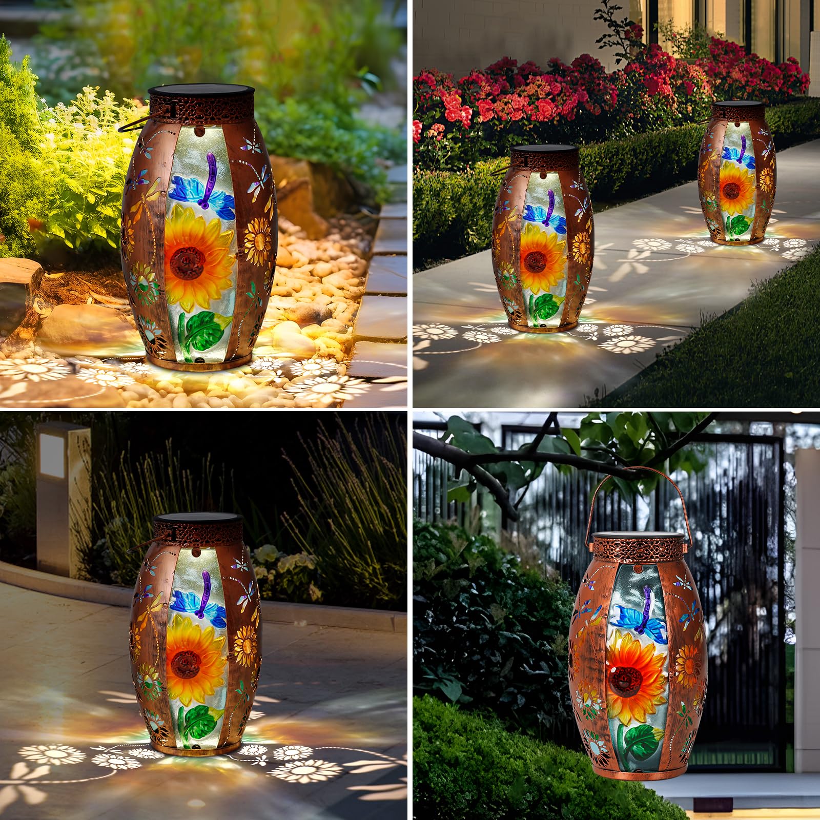 Solar Lanterns Outdoor Hanging Lights Decor Dragonfly Lantern Waterproof Metal Led Sunflower Light Decorative Garden Yard Patio Lawn Gifts For Women Mom