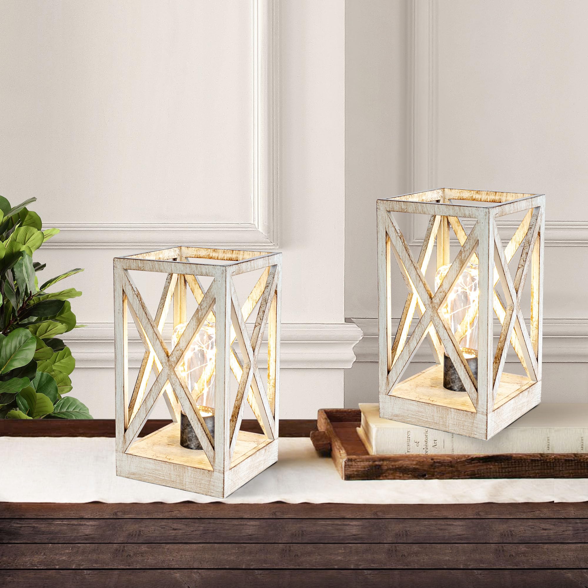 WINGBO Retro Battery Powered Table Lamps, 2pcs Cordless Desk Lamps, White Finish, Indoor Outdoor Use, Includes Bulbs