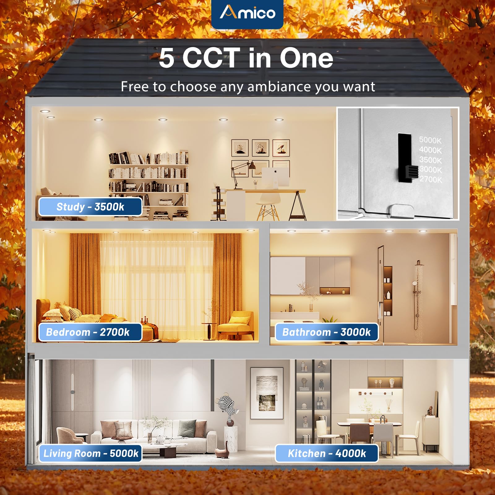 Amico 12 Pack Black 4 Inch 5Cct Led Recessed Ceiling Light With Night Light, 2700K/3000K/3500K/4000K/5000K Selectable Ultra-Thin