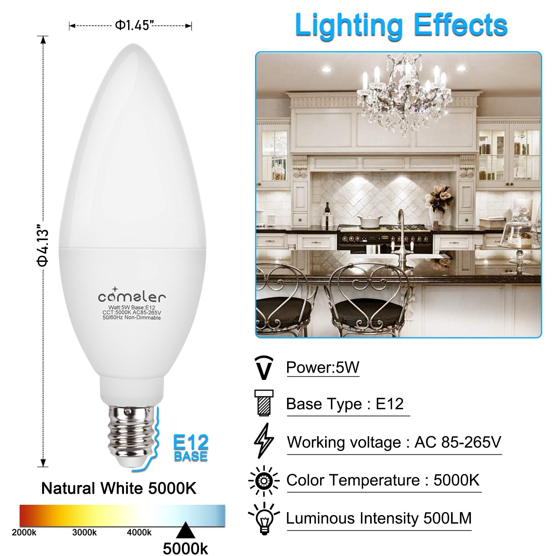 Comzler E12 Led Candelabra Bulb, 60 Watt Equivalent Ceiling Fan Light Bulbs, Daylight 5000K Led Chandelier Light Bulbs, Candle B