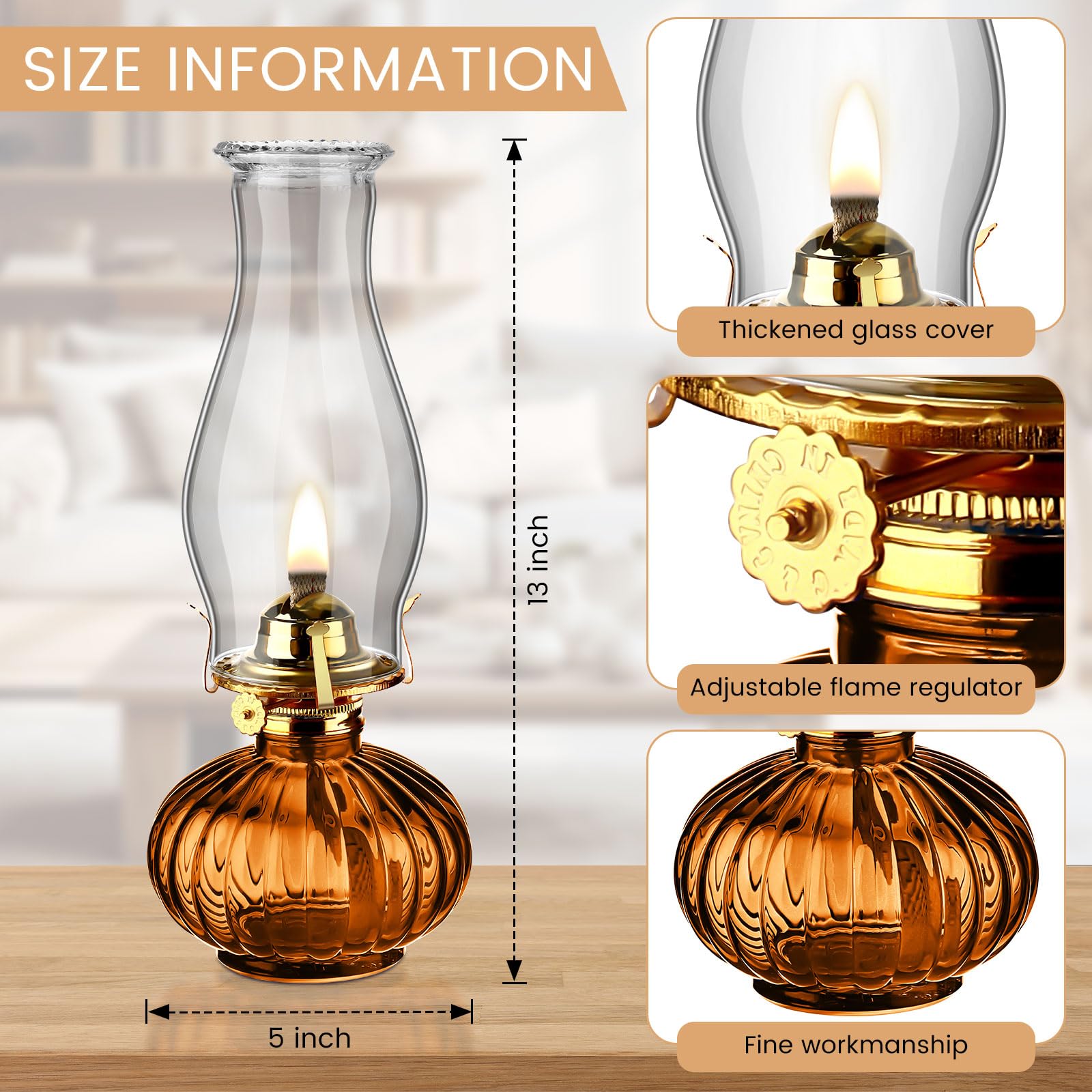2 Set Chamber Oil Lamp Classic Kerosene Lamp Large Oil Glass Lantern Vintage Hurricane Lamp With Adjustable Fire Wick For Home Indoor Use Chimney Burner, 13 Inch Heigh(Brown)