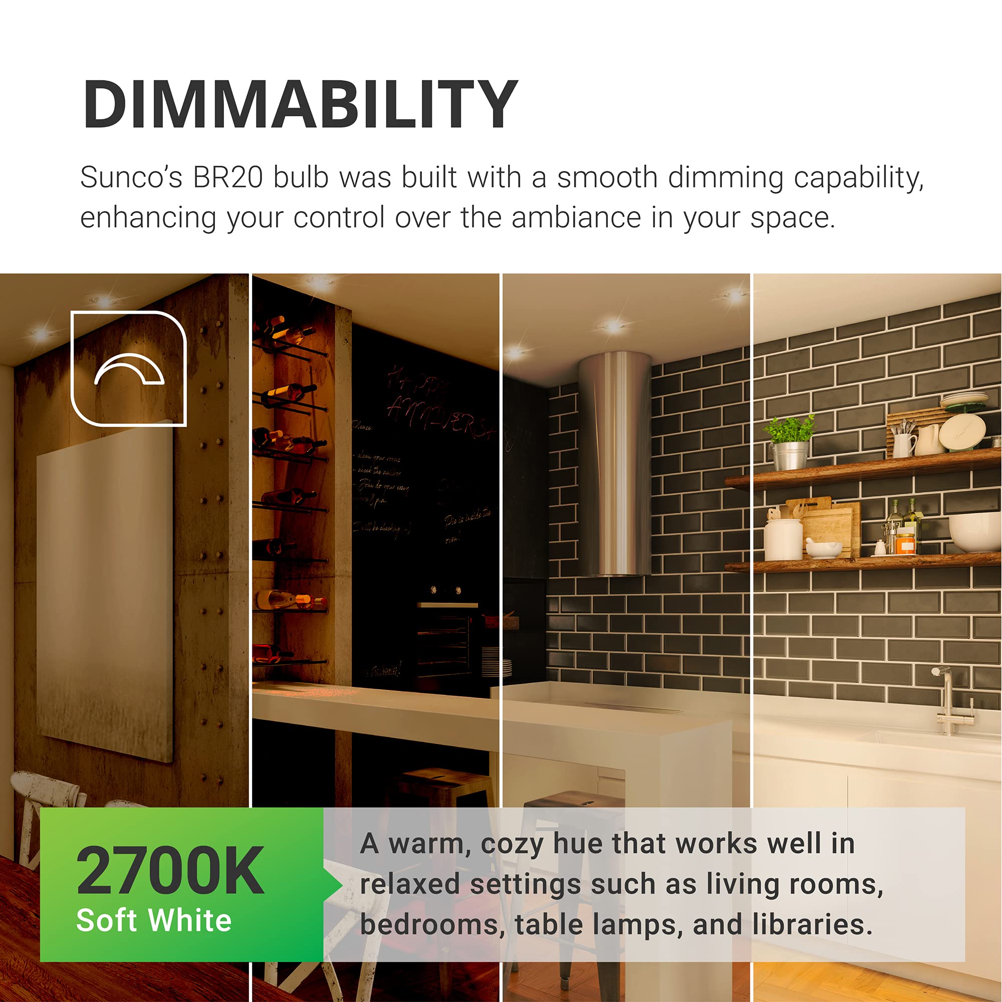 Sunco Lighting BR20 LED Bulbs, 2700K Soft White, Dimmable, 7W Equivalent, 4 Pack, E26 Medium Base, Indoor Flood Light