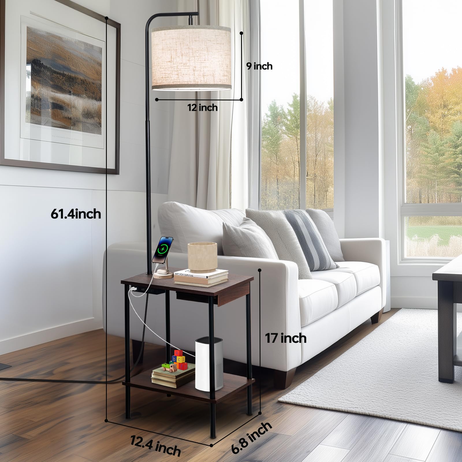 EOEYYOYB Floor Lamp with Table & Drawers, USB Charging Port, 3 Color Temperatures, Walnut