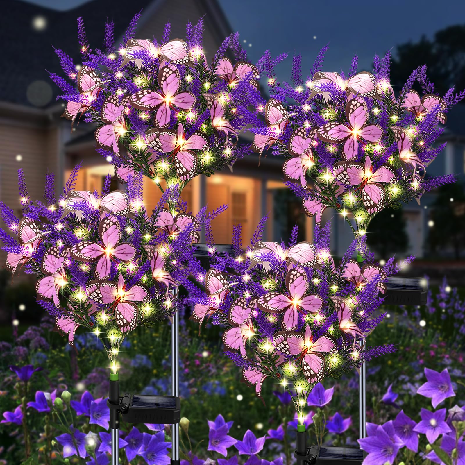 Kohlrabi Solar Garden Lights, 4 Pack, Warm White Lavender, Butterfly Decor, Model XYCNB-4