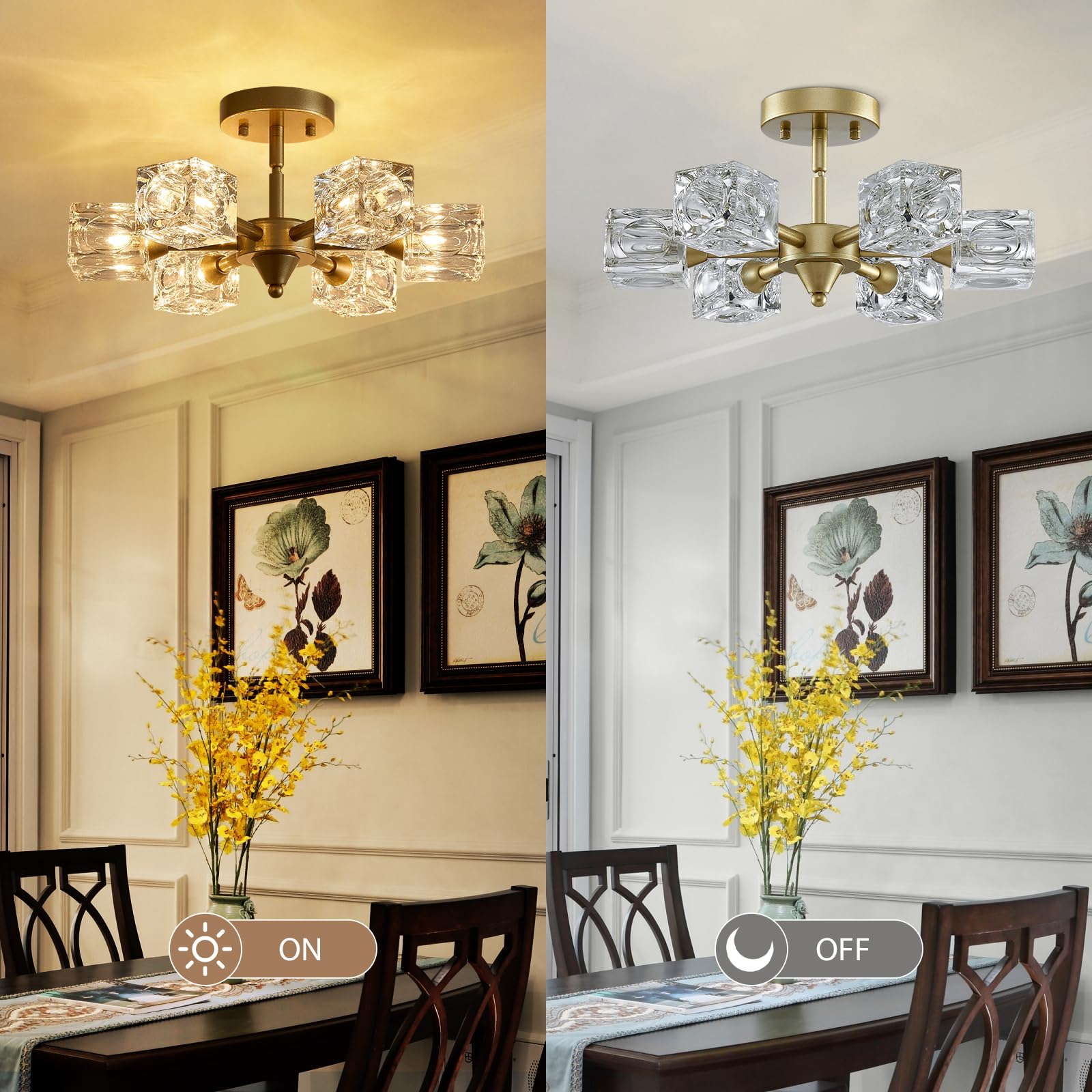 peskoe 6-Light Gold Sputnik Chandelier - Modern Ceiling Light Fixture for Dining Room, Living Room, Kitchen, Hallway - Glass 16.9"