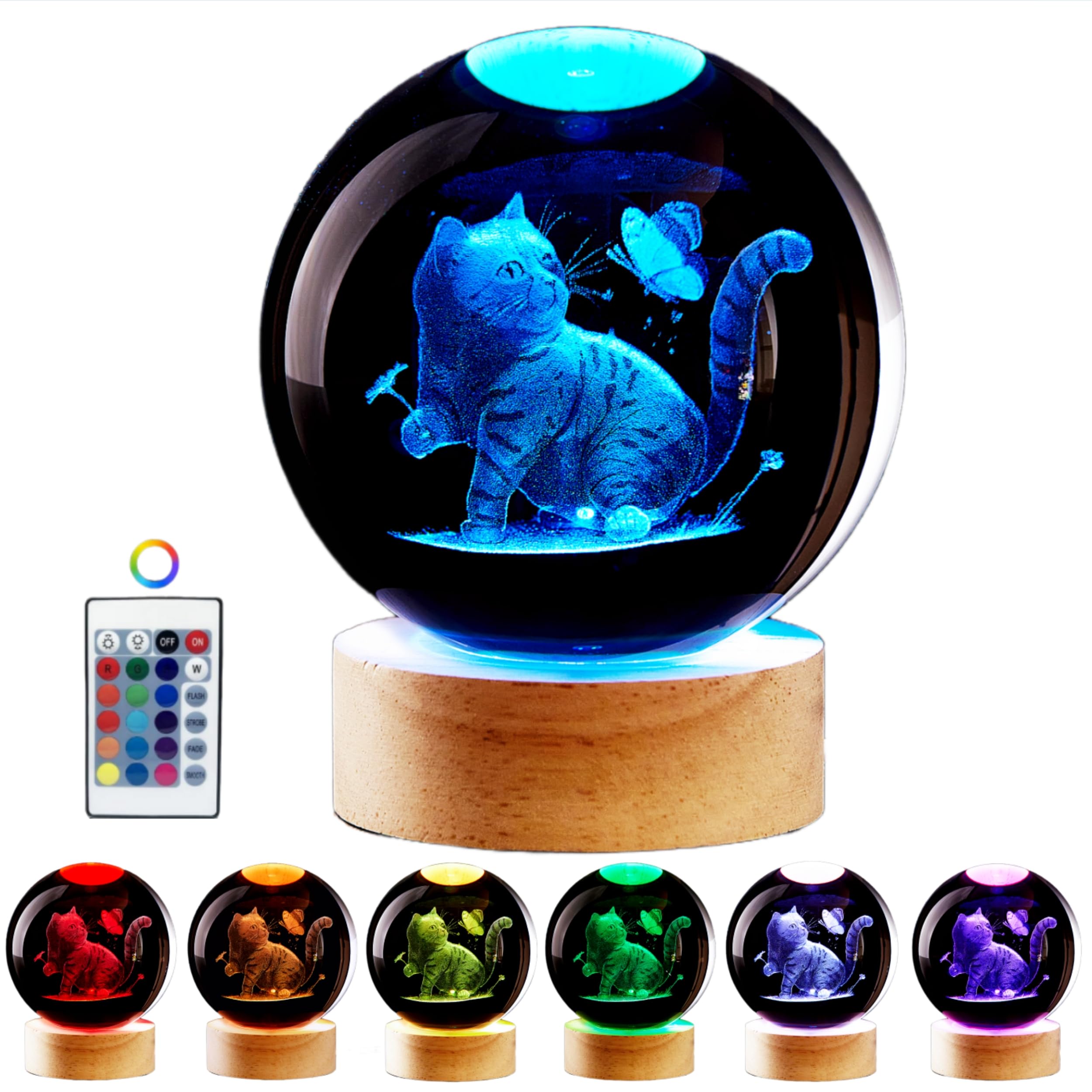 LMLOBEP Large Cat Crystal Ball Night Light with Woodern Base  3D Cat Crystal Lamp 16 Color Changing with Remote Control  Laser Engraved Glass Ball Lamp  Room Decor (cat)