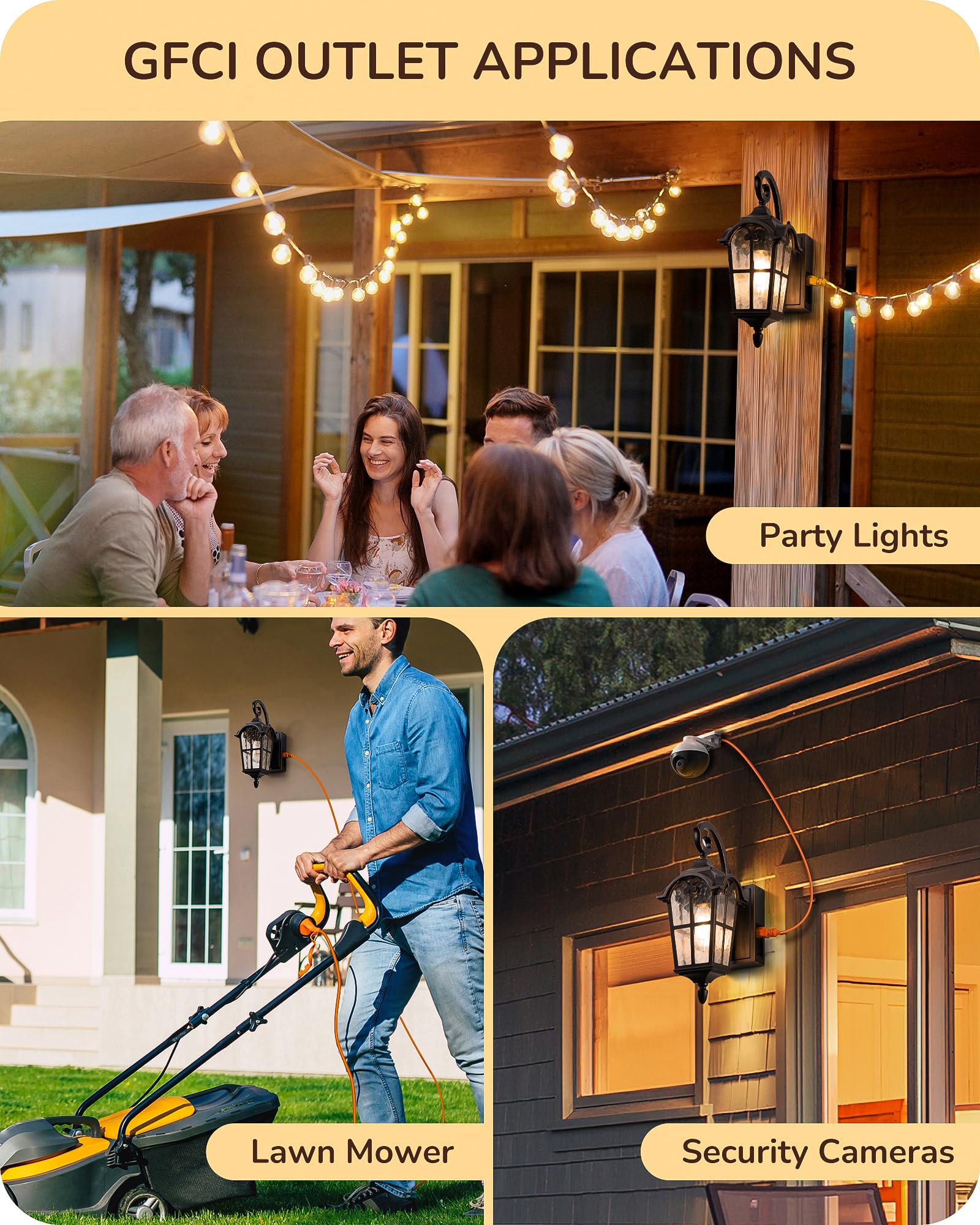 EDISHINE Dusk to Dawn Outdoor Wall Lights, Waterproof Black Aluminum Lanterns with GFCI Outlet, E26 Socket - 2 Pack