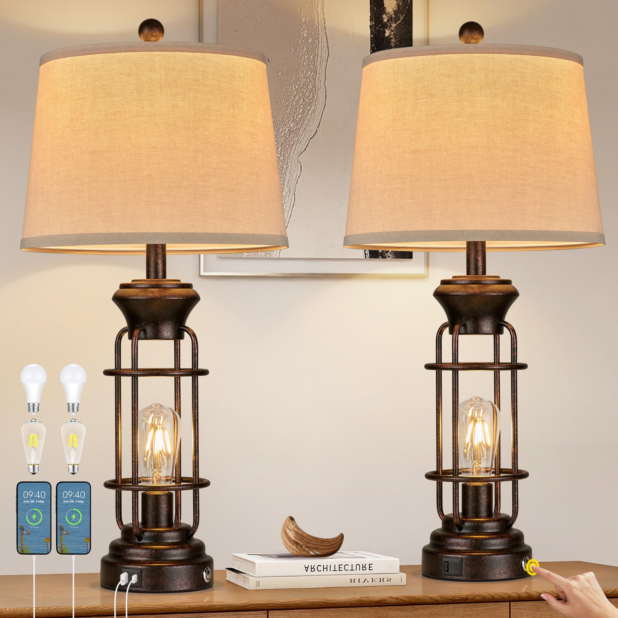 Reaketon Table Lamps For Living Room Set Of 2, 28'' Tall Farmhouse Table Lamp With Usb C+A Ports, Bedroom Lamps For Nightstand W