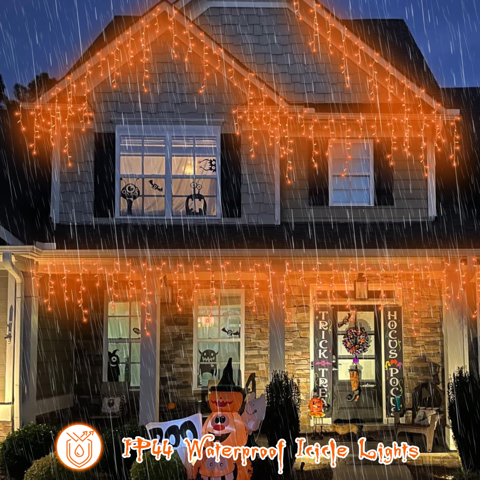 YEGUO 33ft 400 LED Icicle Halloween Lights, Waterproof Indoor/Outdoor, Orange, Model JT-EL/FC300V0200-C