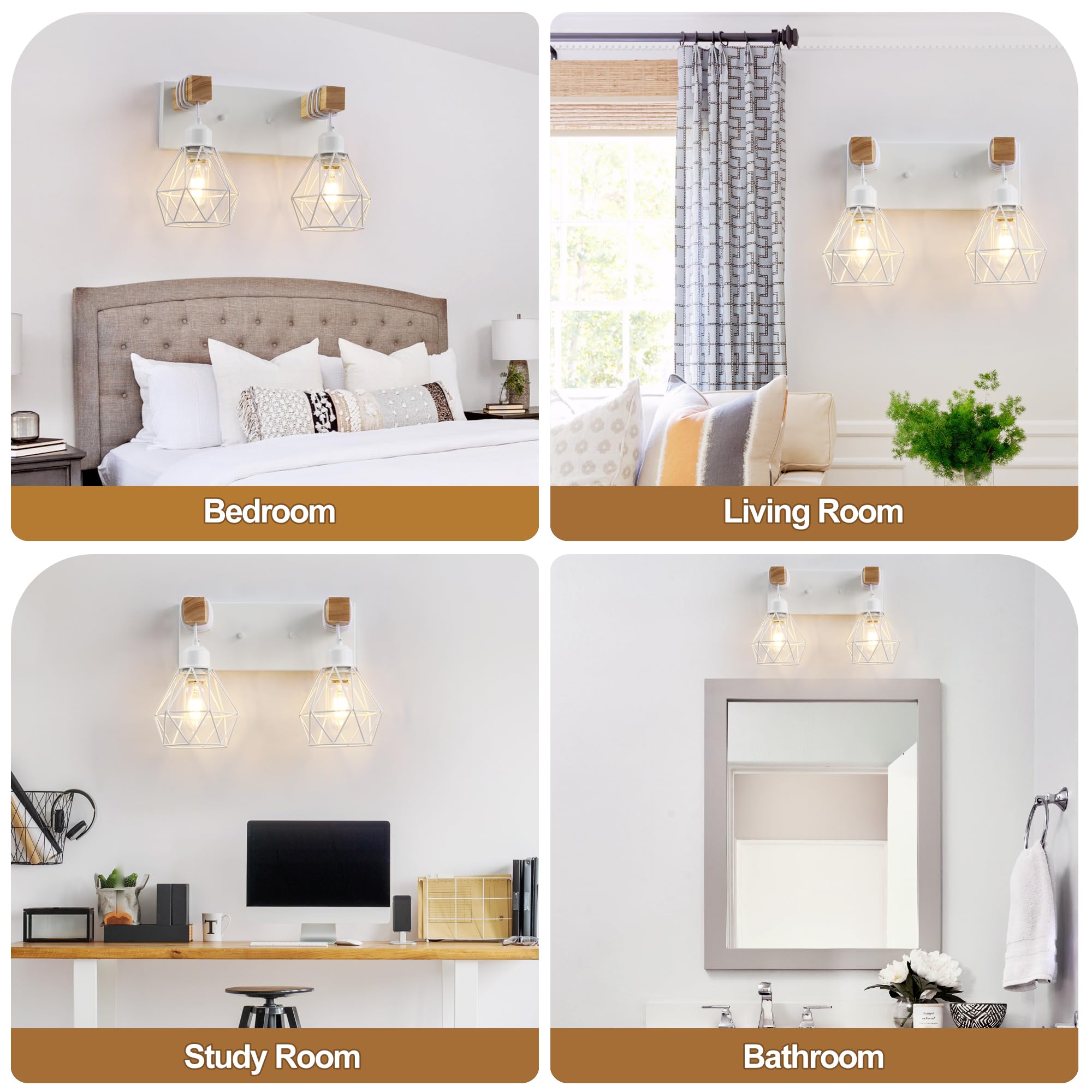 White Bathroom Vanity Light Fixtures  2-Light Wood Bathroom Light Fixtures Over Mirror  Rustic Sconces Wall Lighting With Elegant Metal Lampshade For Living Room  Bedroom  Hallway