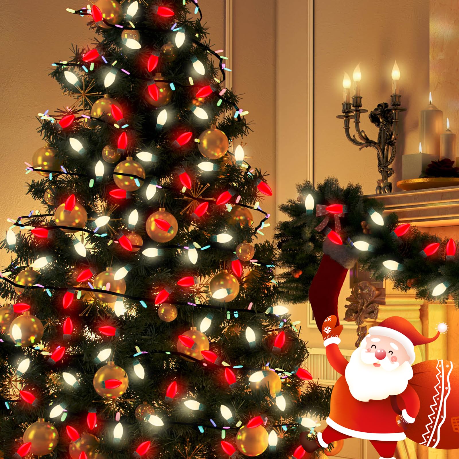 Red and White LED Christmas Lights,25FT Vintage C9 Red White Christmas Lights Outdoor with 26 LED Bulbs,Commercial Extendable Ch