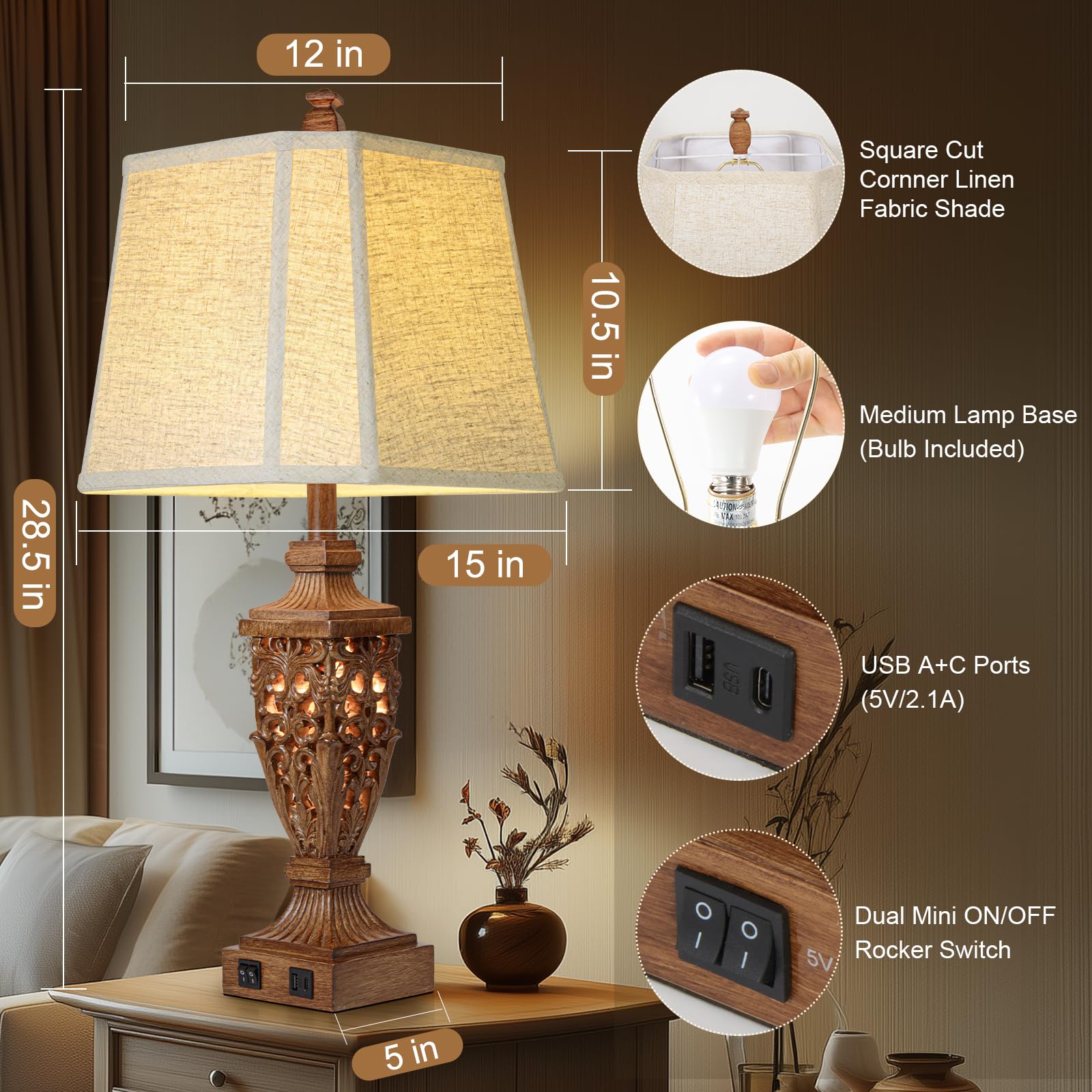 28.5'' Vintage Brown Table Lamps Set Of 2 With Night Light,Lamps For Living Room With Beige Linen Cut Corner Shade,Nightstands L