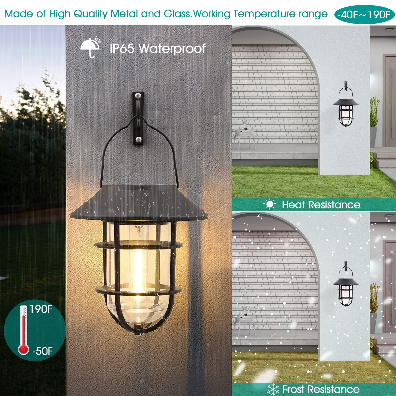 Derynome Solar Outdoor Lights - Waterproof Hanging Lanterns with Wall Mount Kit, Black, Aluminum, Model JM018SLPK2, 2 Pack
