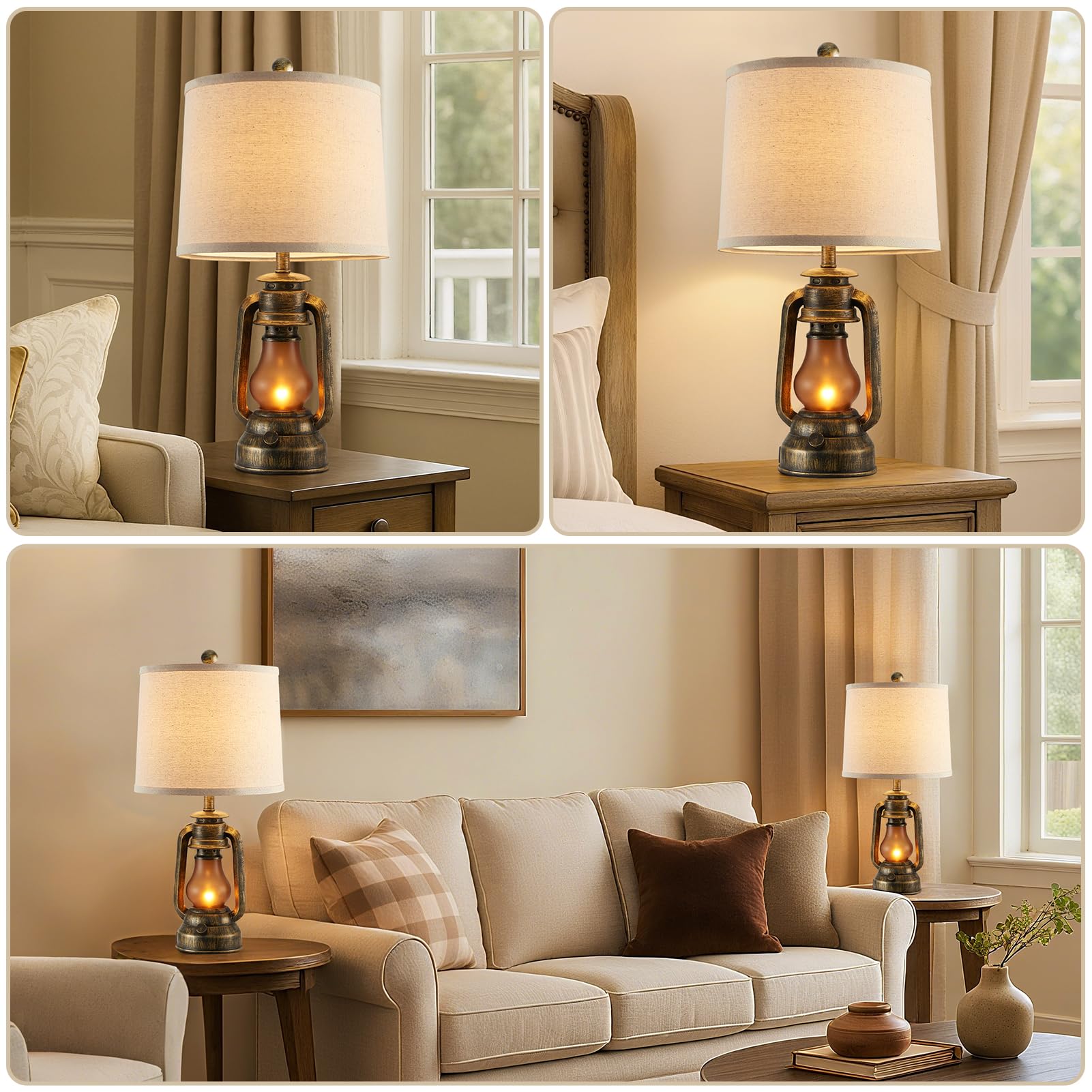 RORIANO Farmhouse Lantern Table Lamps Set of 2, 22-Inch Brass Color with USB Ports, Rustic Vintage Nightstand Lamps, Model RO-8855