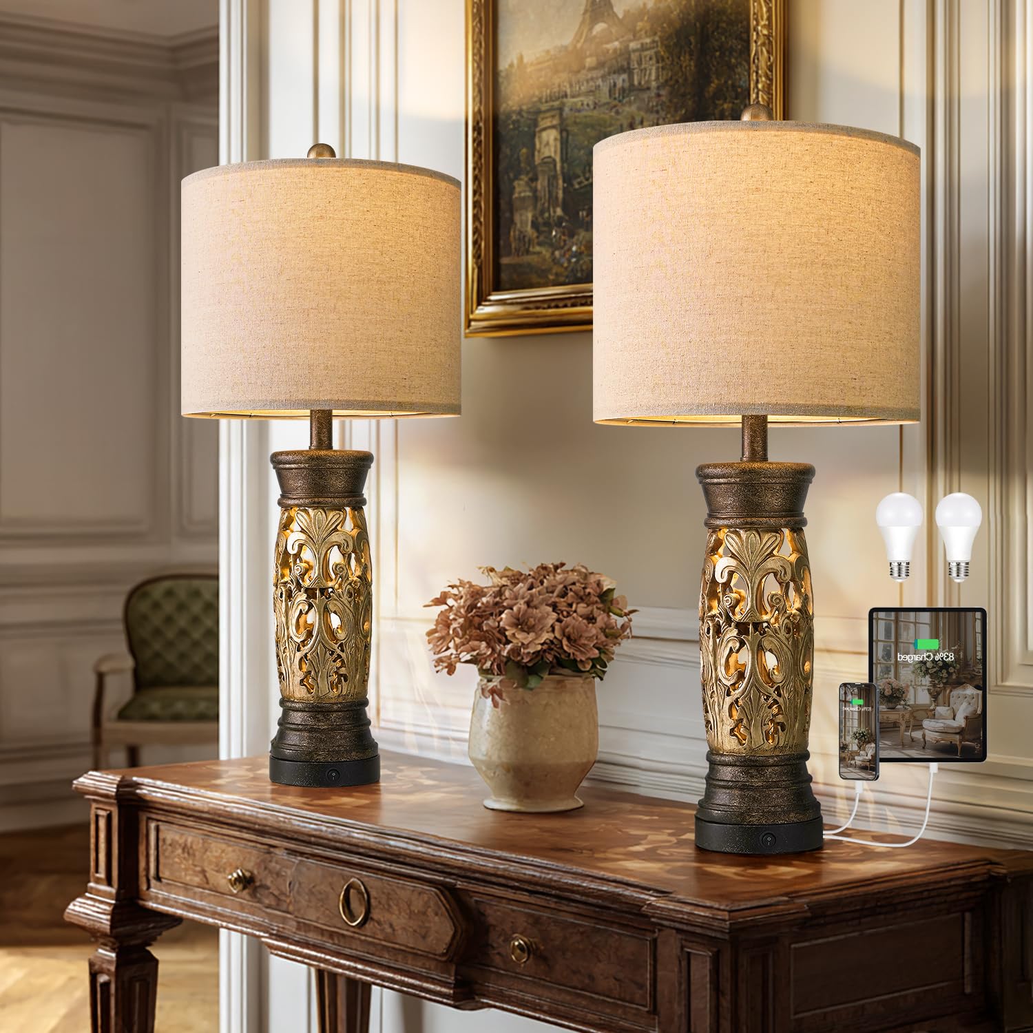 BOBOMOMO Table Lamps Set of 2, 27.25·Antique Gold, Resin, Vintage Design, USB A+C Ports, Bulbs Included