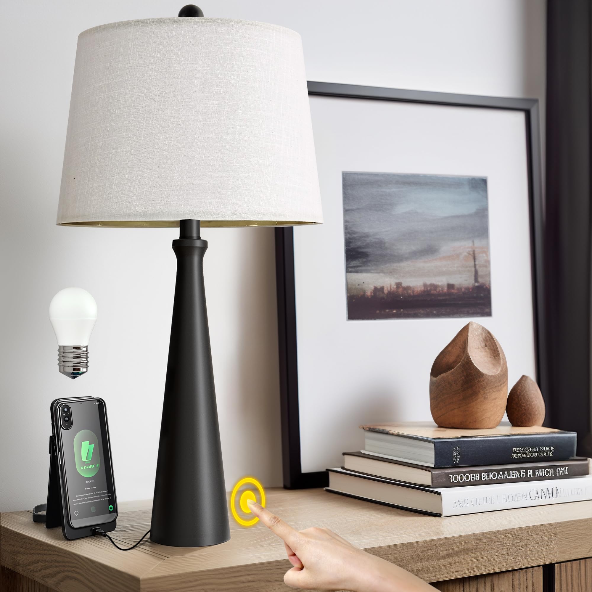 Oneach 25.75'' Table Lamps for Living Room, Bedside Lamp 3-Way Dimmable Touch Control, Modern Black Nightstand Lamp with Fabric 