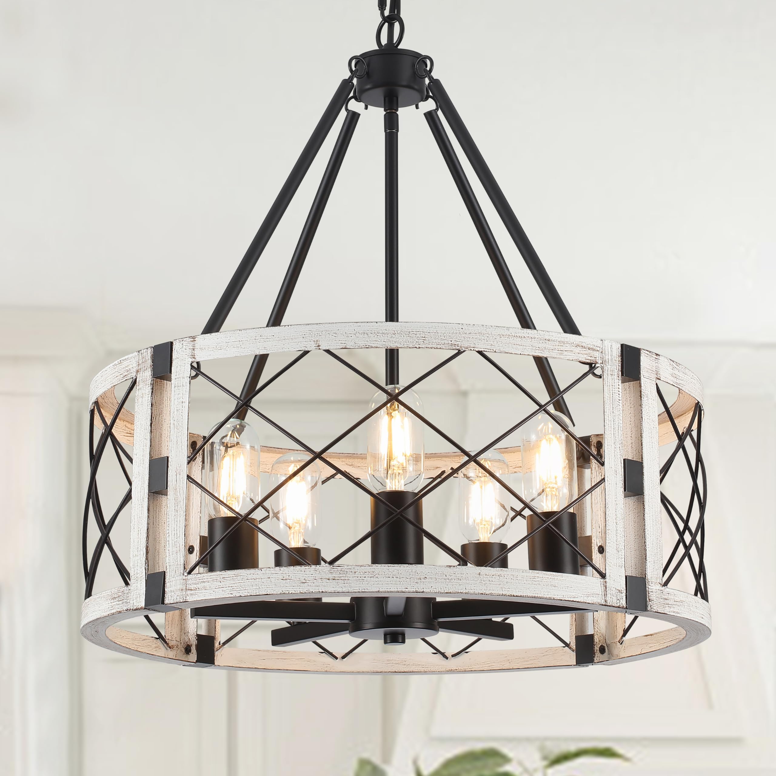 Rustic Farmhouse Chandelier, 19.8 inch 5-Light White Round Dining Room Lighting Fixtures Hanging Pendant Lighting for Kitchen Is