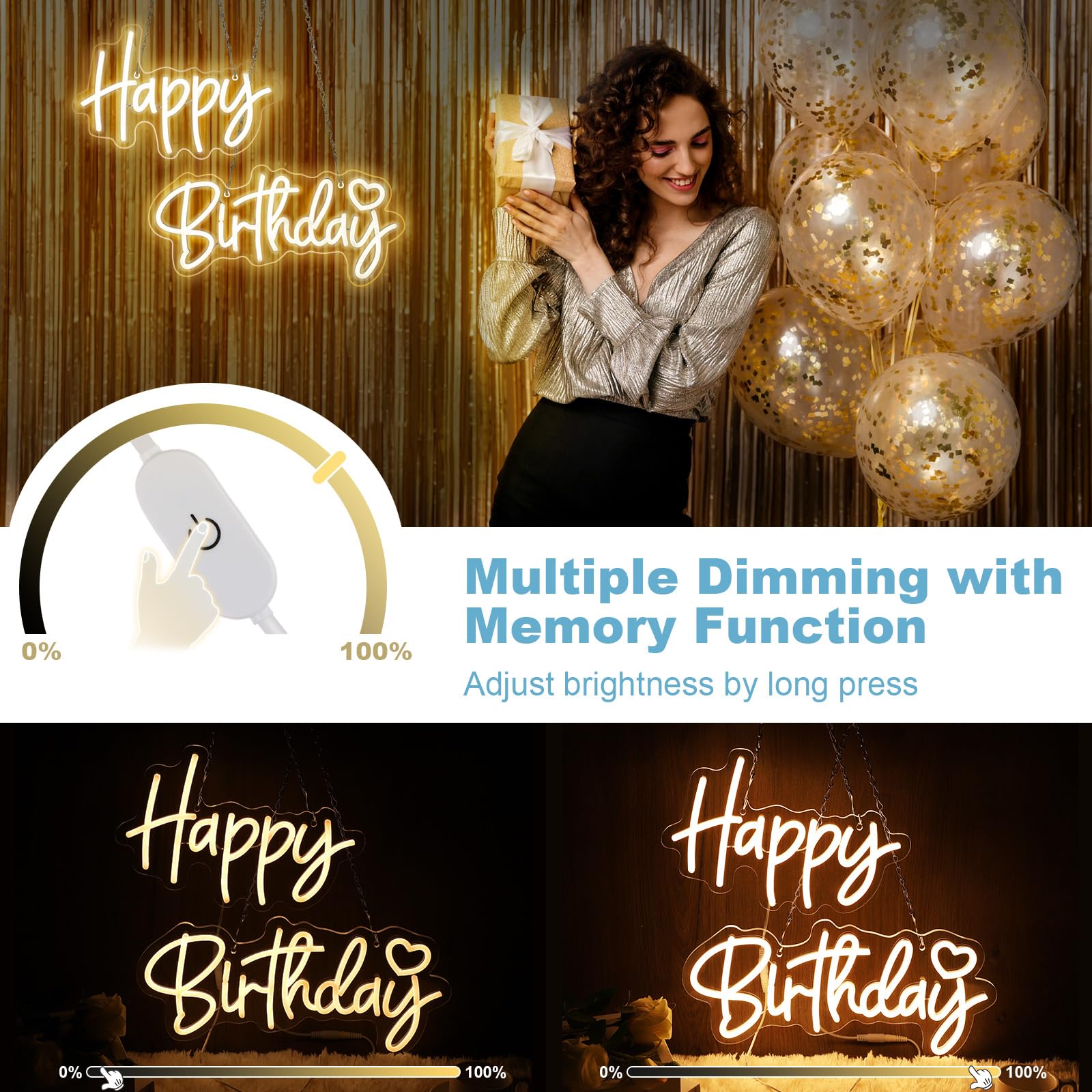 SERBASIC LED Neon Sign Set, Dimmable Warm White Birthday Light, 27.5in x 6in, Transparent Acrylic Panel, Wall Decor for Home & Parties
