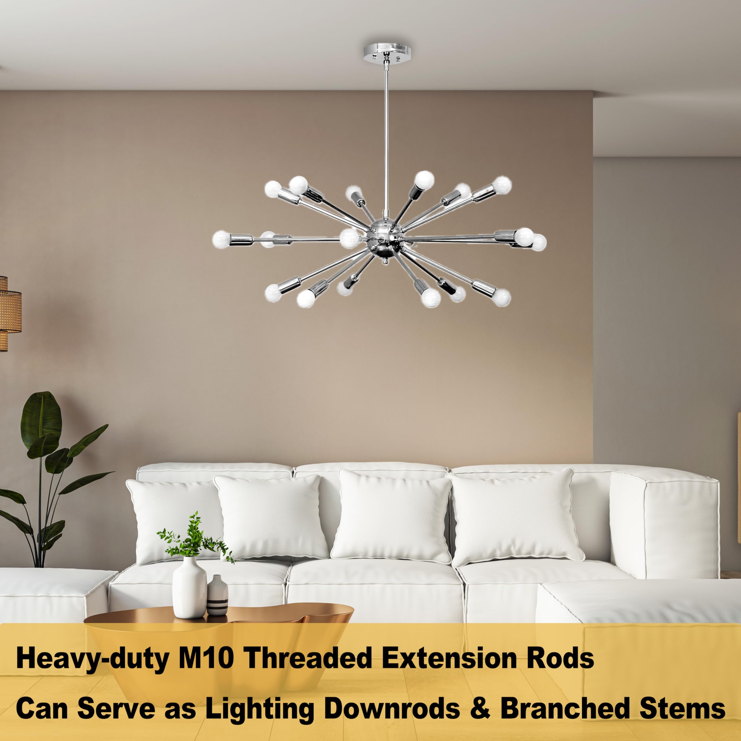 8 Pieces M10 Threaded Extension Poles Lighting Fixture Downrods Stems & 180 Degrees Sloped Ceiling Adapter Kits For Pendant Light  Island Lighting  Chandeliers (Chrome)