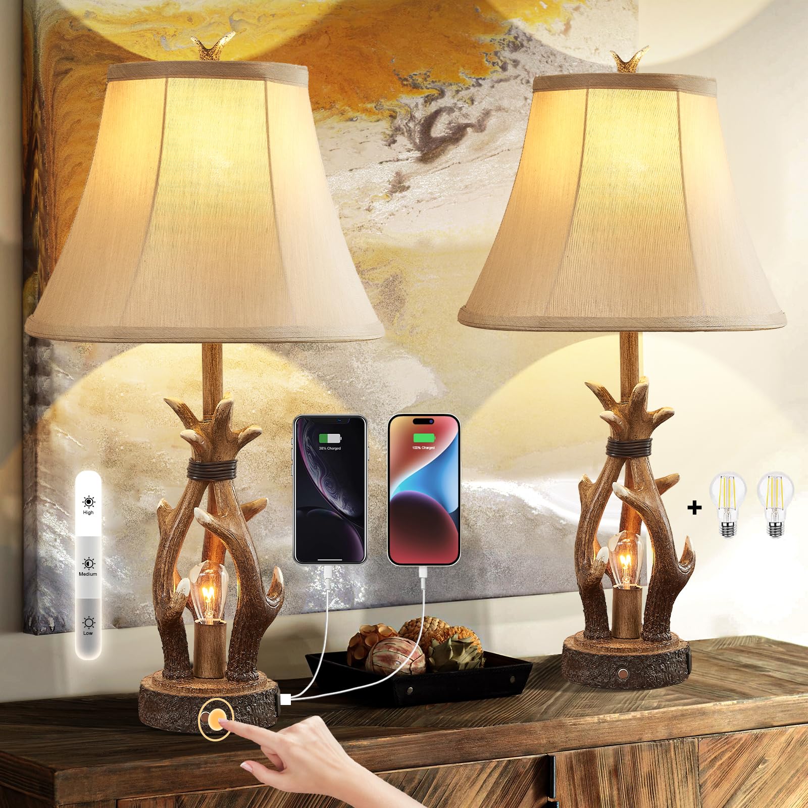 Dungoo Antler Rustic Table Lamp Set of 2 with USB & Type-C Port, Rustic Bedside Lamp with Touch Control 3-Way Dimmable Nightligh