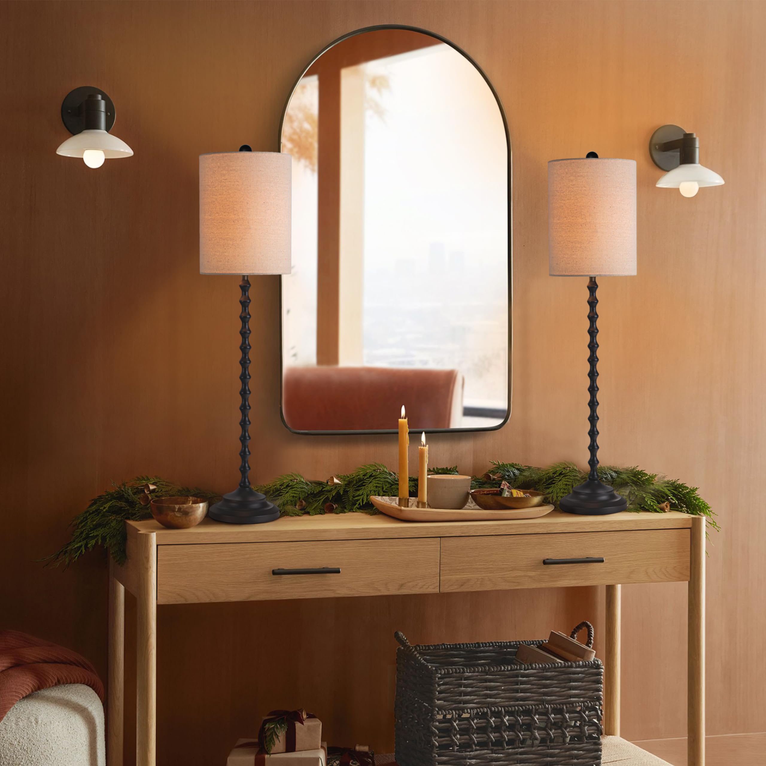 Buffet Table Lamps Set Of 2 With Linen Shade, Black Elegant Tall Table Lamps, 29.5'' Tall Bedroom Lamps For Nightstands, Bedside Lamps For Bedroom Living Room, Buffet Lamps For Dining Room, Entry