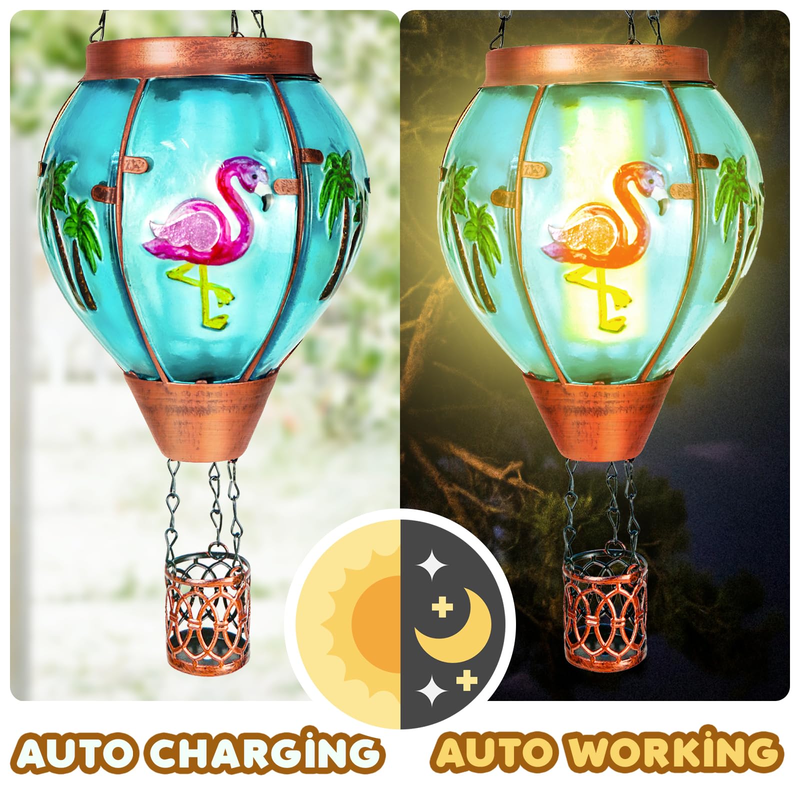 2 Pack Solar Hot Air Balloon Lantern With Flame, Flamingo Glass Solar Outdoor Lights For Patio Garden Decor, Gifts For Women Gra