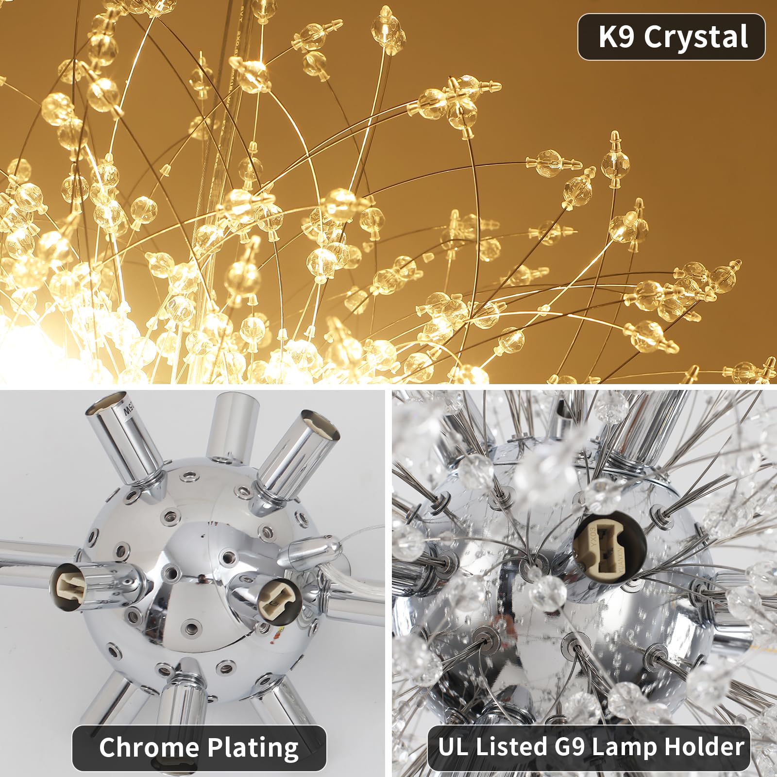 Meijia Modern Crystal Chandelier 12 Lights, 23.6    Dandelion Sputnik Chandeliers Light Fixture Starburst Chrome Chandelier Pend