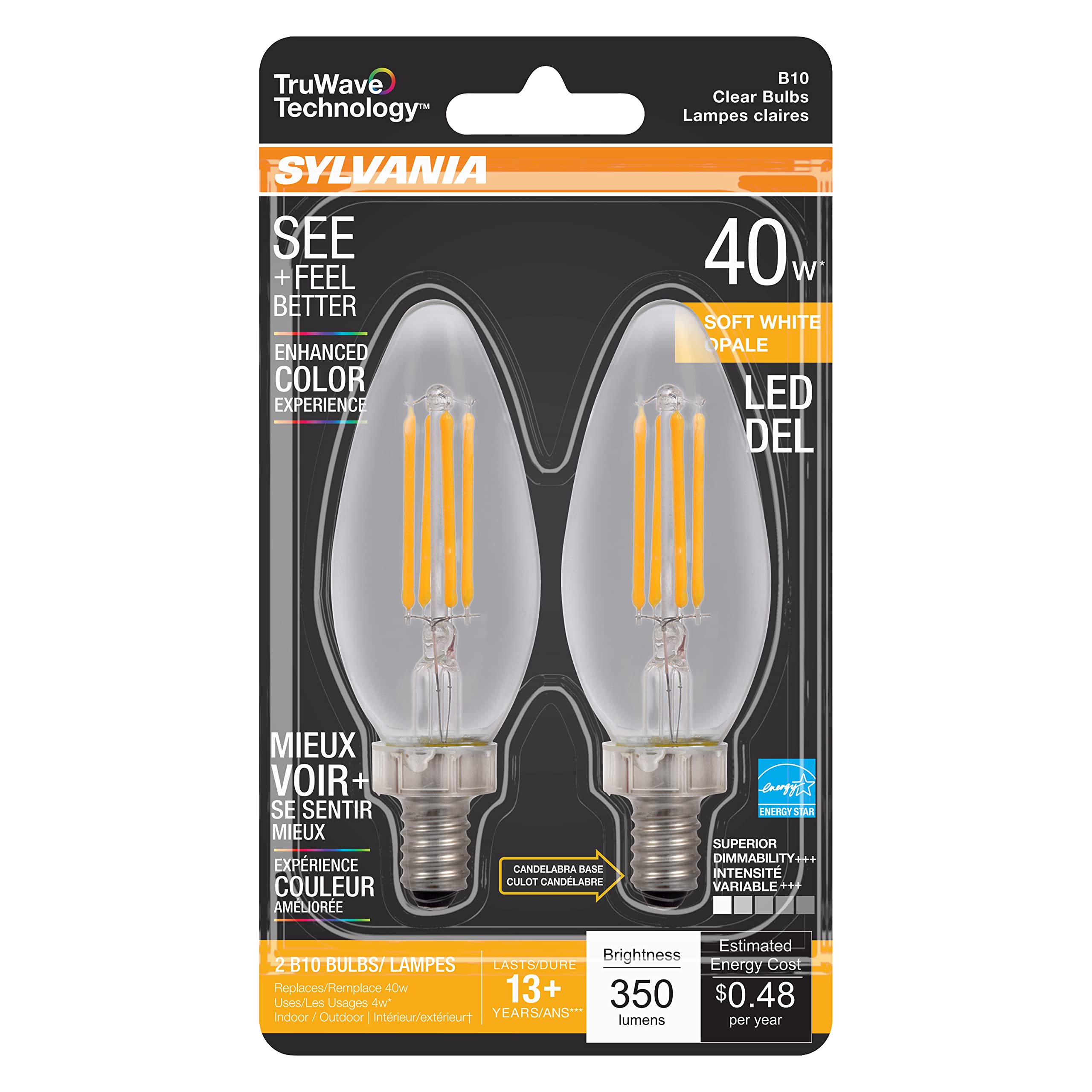 LEDVANCE SYLVANIA LED TruWave B10 Chandelier Light Bulb, 40W Equivalent, Dimmable, Soft White, 2 Count, Model 40794