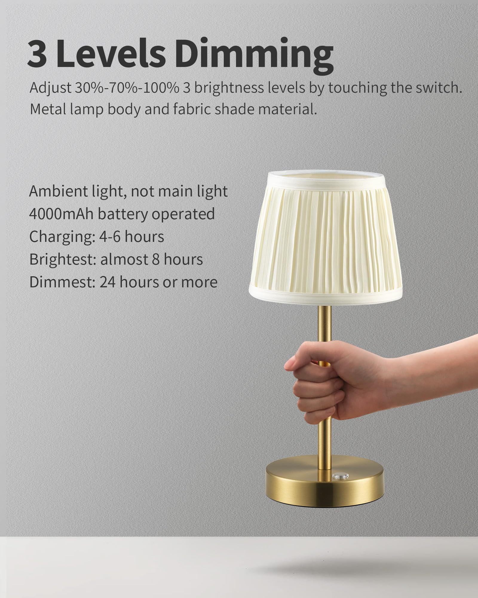 Pusu 2 Pack Cordless Led Gold Table Lamps  Rechargeable 4000Mah 3 Way Dimmable Bedside Small Lamp With Fabric Shade  Lighting For Bedroom  Kids Room  Bathroom  Kitchen  Decor  Gift  Night Light