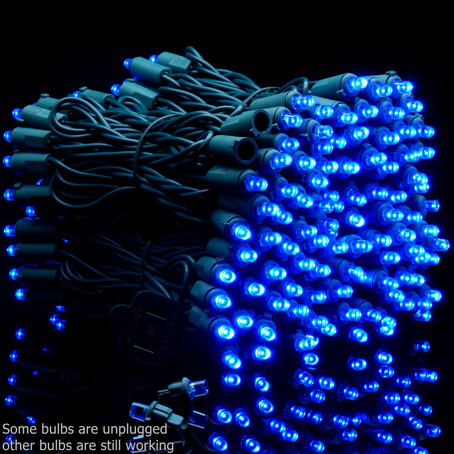 YULETIME 200 Blue LED Christmas Lights, 66ft Green Wire, UL Certified, 5mm Bulbs, Model BMD-L-200E/4F