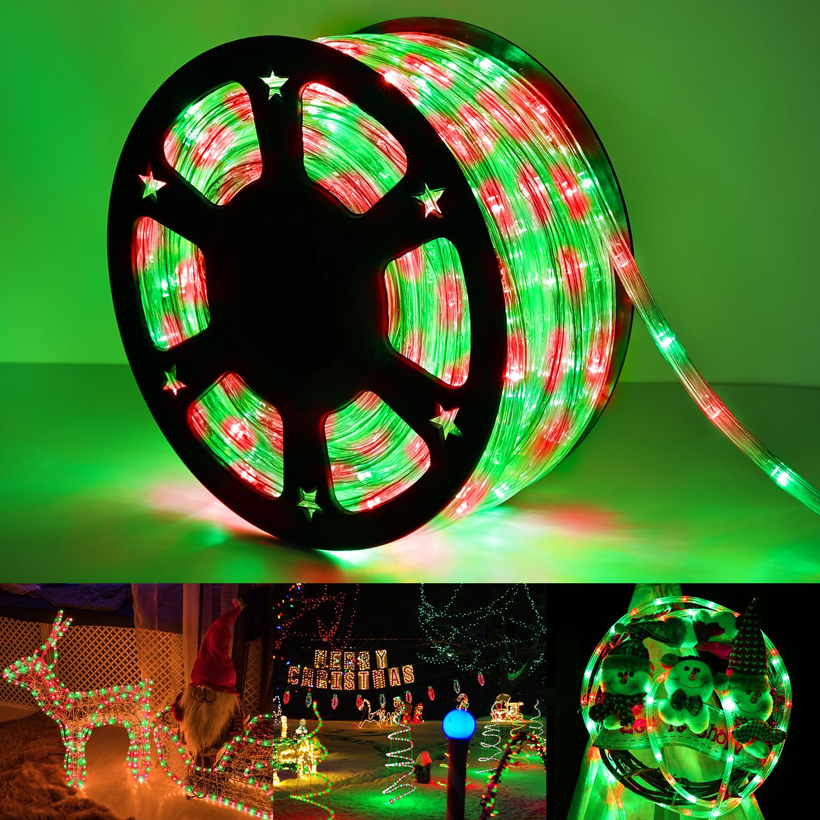 Jnaurb 150ft LED Rope Lights Outdoor, Waterproof PVC Tube, 1080 LEDs, 8 Modes, Red & Green