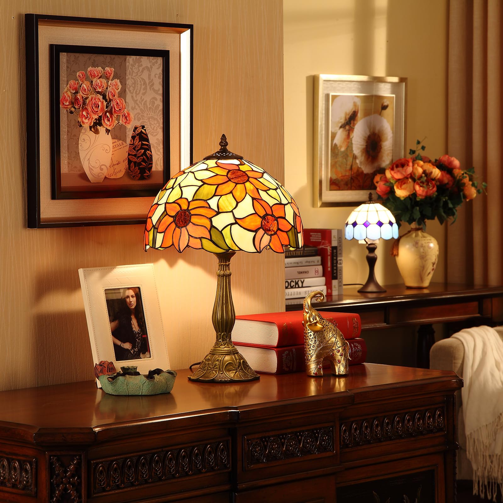 Fumat Tiffany Table Lamps For Bedroom Nightstand Bedside Lamps 12X12X19 Inch Sunflower Stained Glass Table Lamp For Living Room
