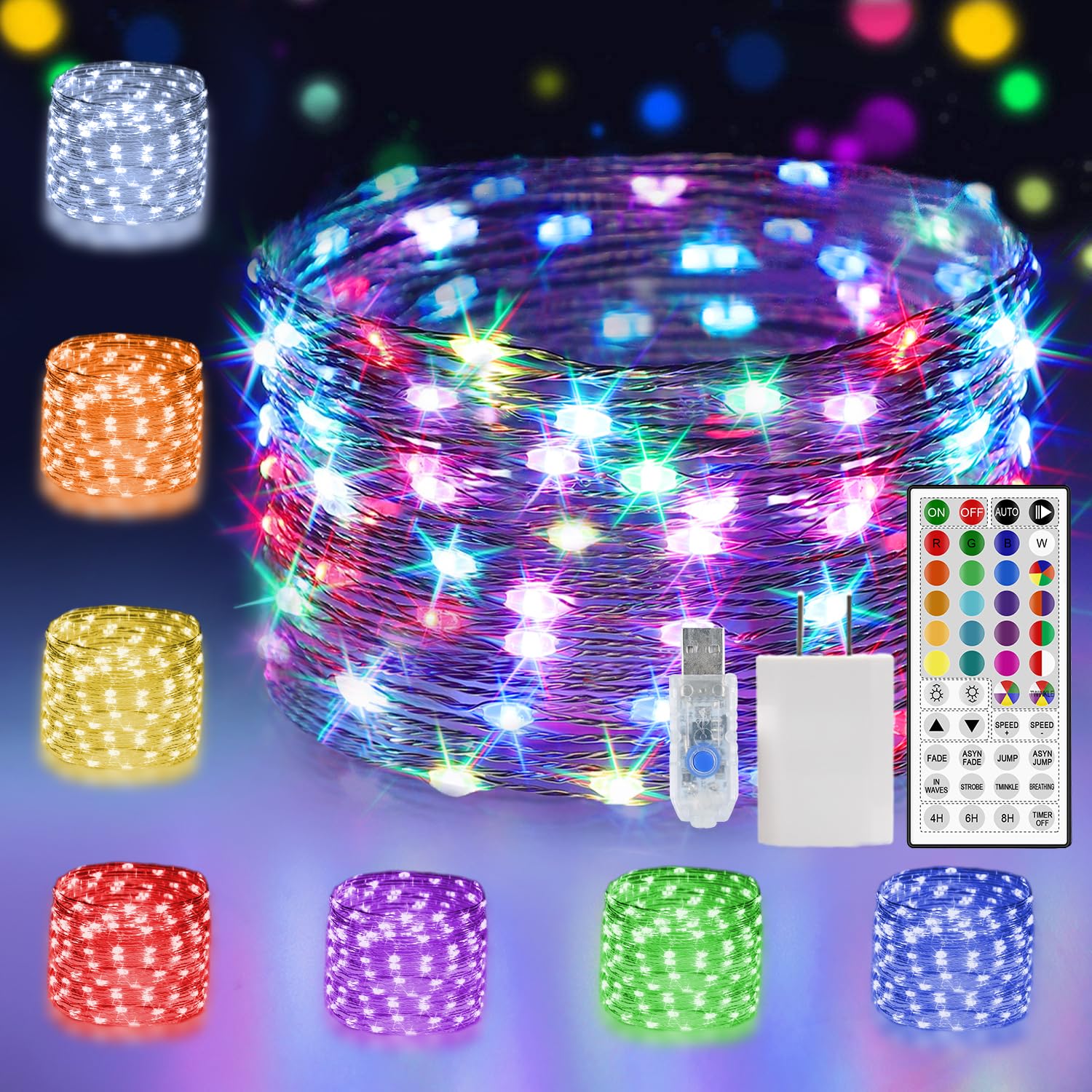 24 Colors Changing Fairy String Lights USB Powered with Remote Control, 33ft 100 RGB LED Bright Silver Wire Firefly Lights for C