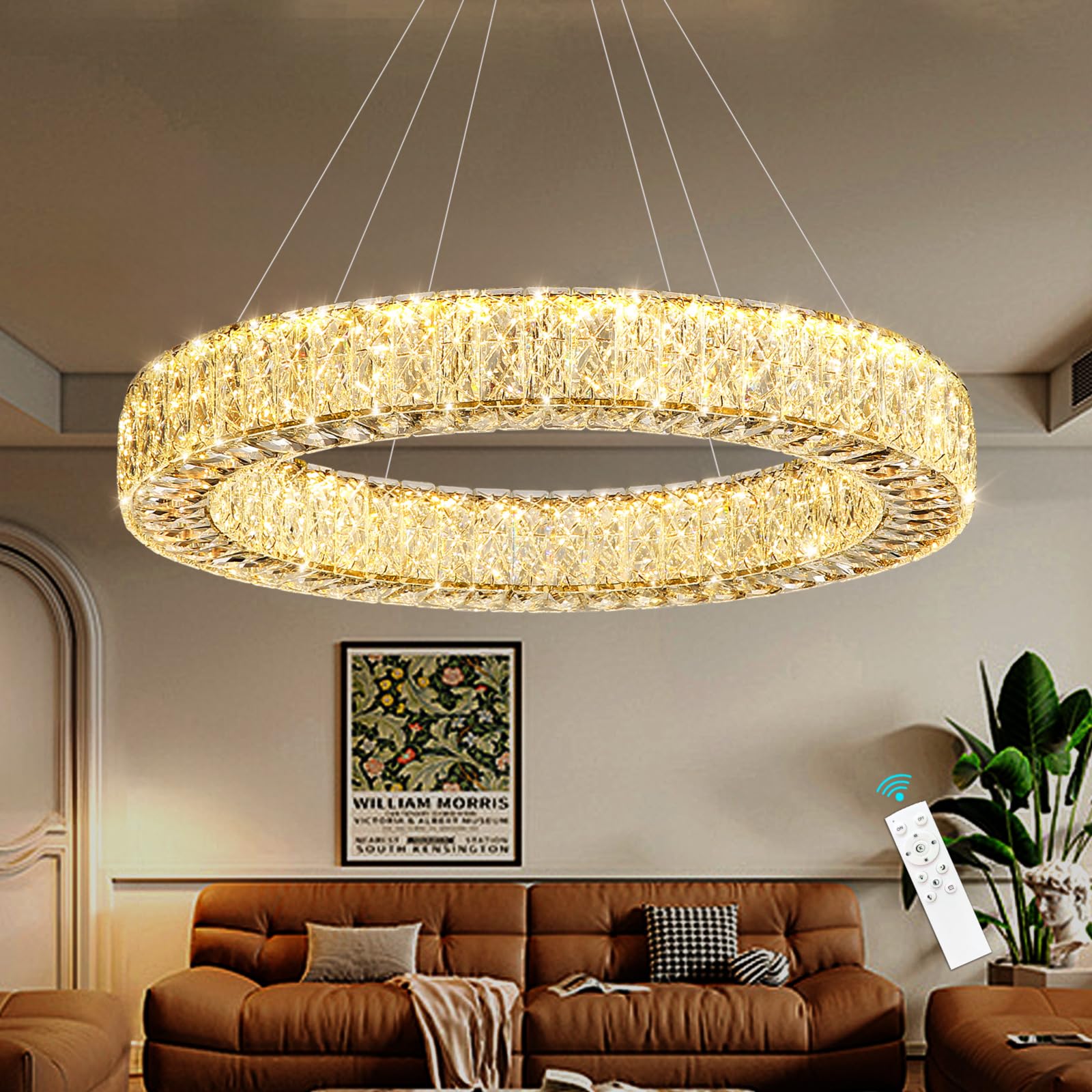 YLKP 32 Inch Chandelier Glam Dimmable LED Crystal Chandeliers Elegant Round Pendant Lighting Fixtures for Dining Room Bedrooms Gold