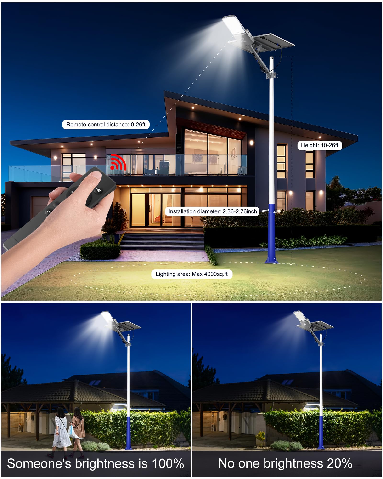 Leadzon Solar Street Lights - 650000LM LED Flood Lights, Waterproof, Remote Control, Gray, LDZ-TYN-LDDH, Ideal for Outdoor Use
