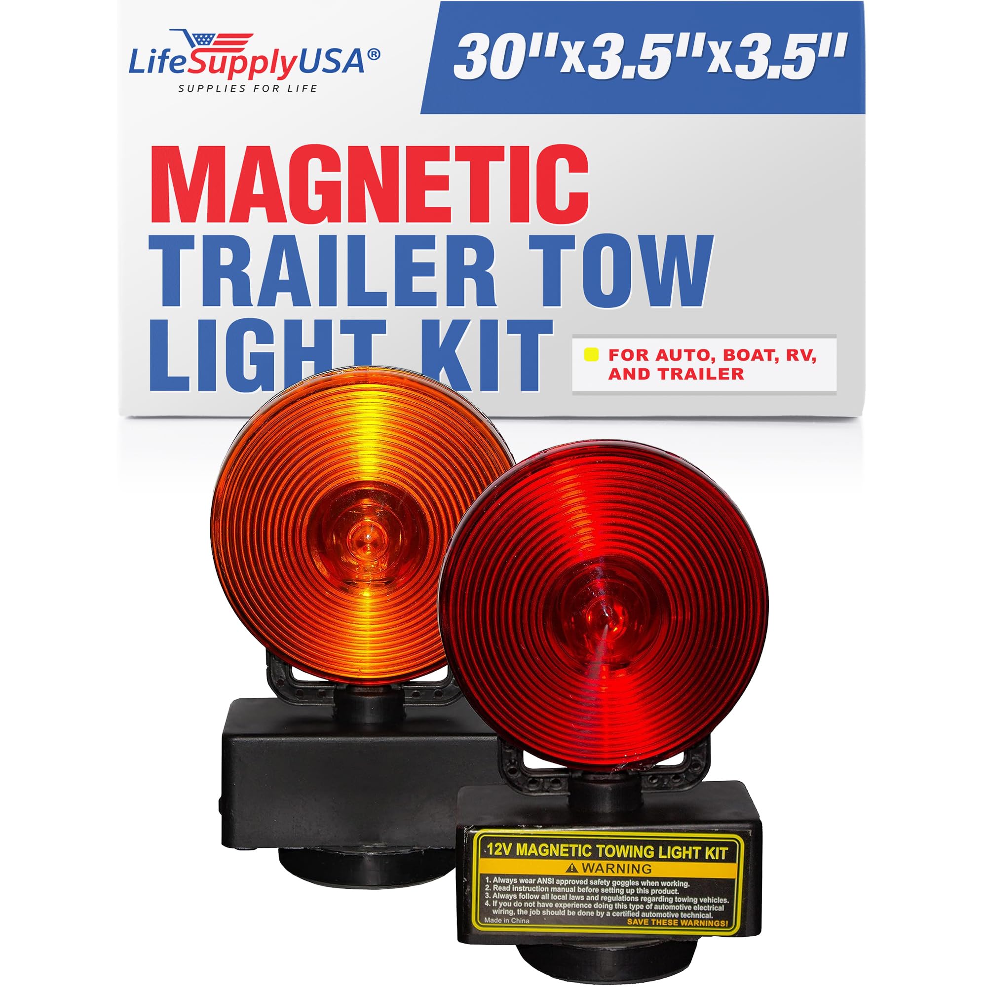 LifeSupplyUSA 12V Magnetic Trailer Tow Light Kit - Black, Regular Bulb for Auto, Boat, RV, Trailer Lighting Solutions
