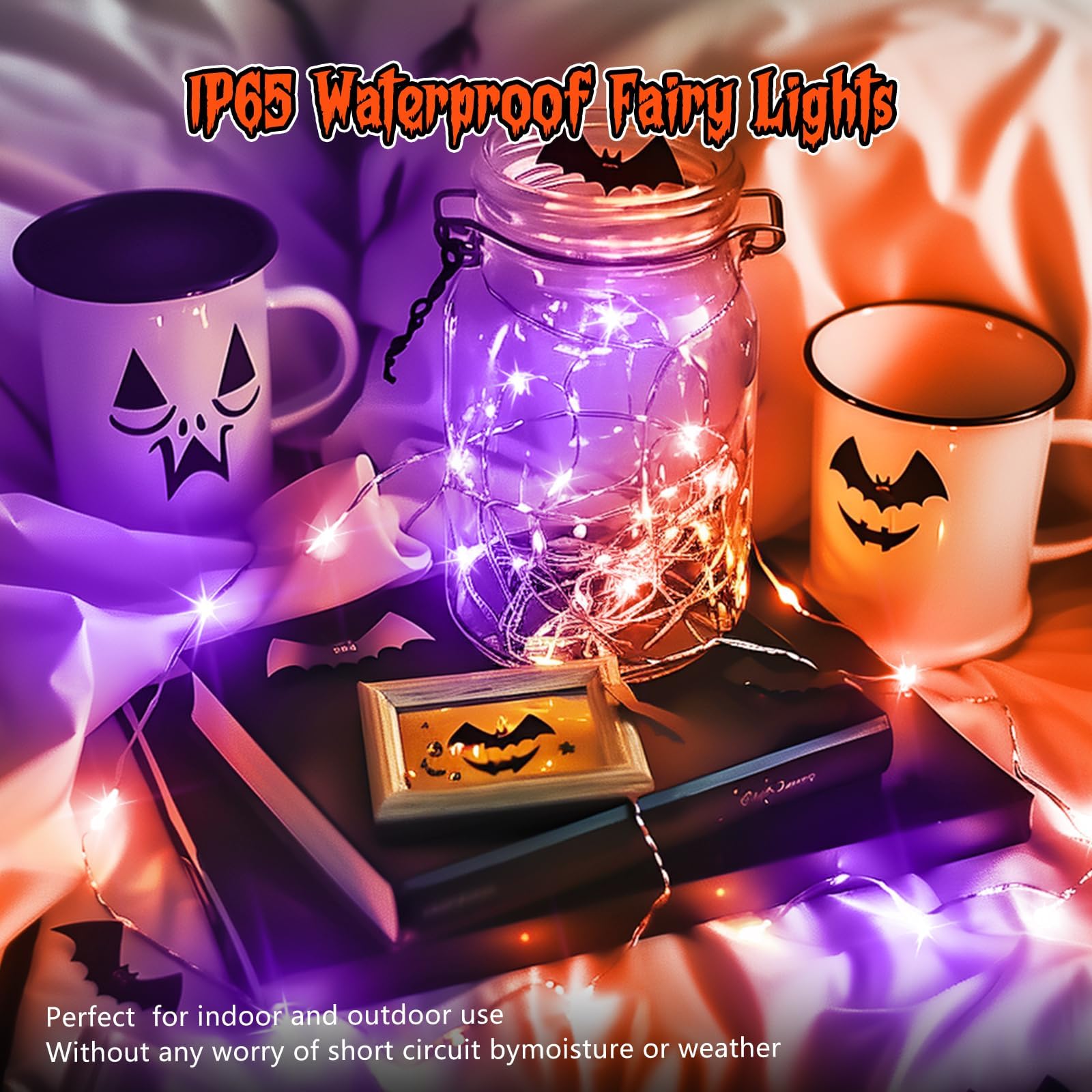 Minetom 12 Pack Orange Fairy Lights Battery Operated With Timer - 7Ft 20 Led Waterproof Short Micro Firefly Lights For Halloween Decor, Pumpkin Diy Craft, Paper Lantern Decoration