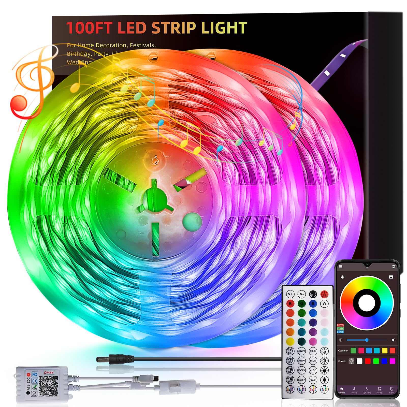 130ft Led Lights For Bedroom (2 Rolls of 65ft), Led Strip Lights Music Sync Color Changing, Led Light Strip With Remote & App Co